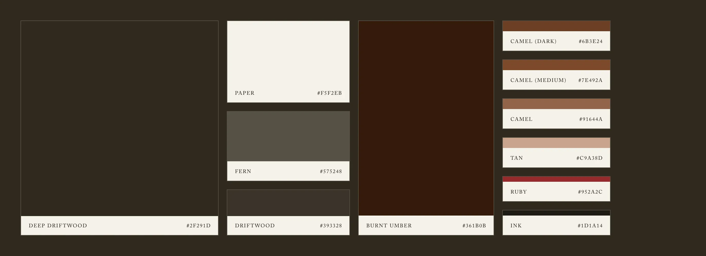 Color palette swatches in browns, cream, and rust tones
