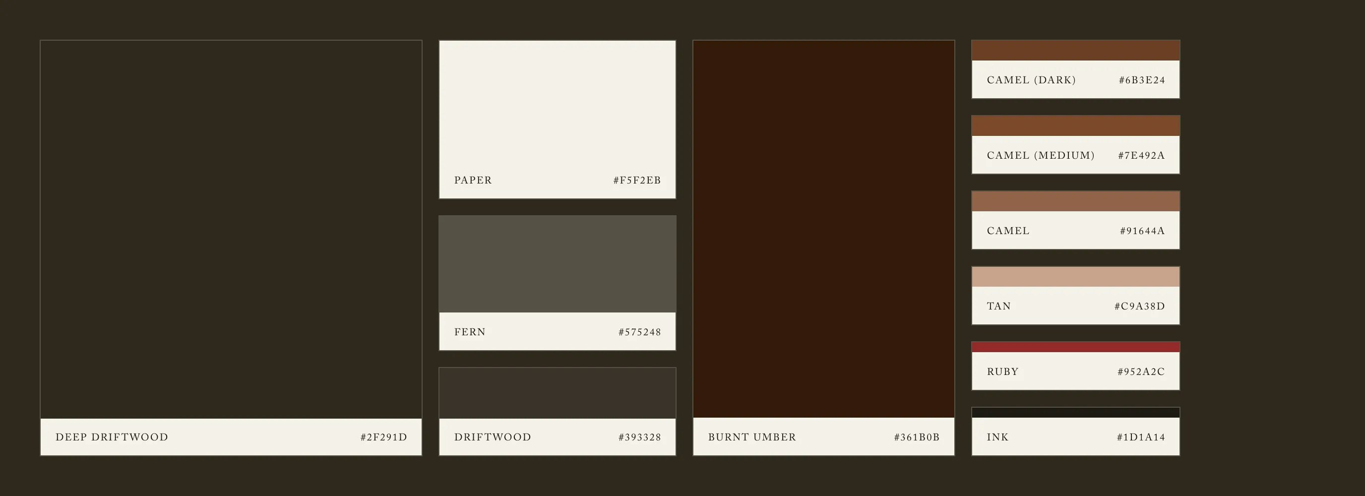 Color palette swatches in browns, cream, and rust tones