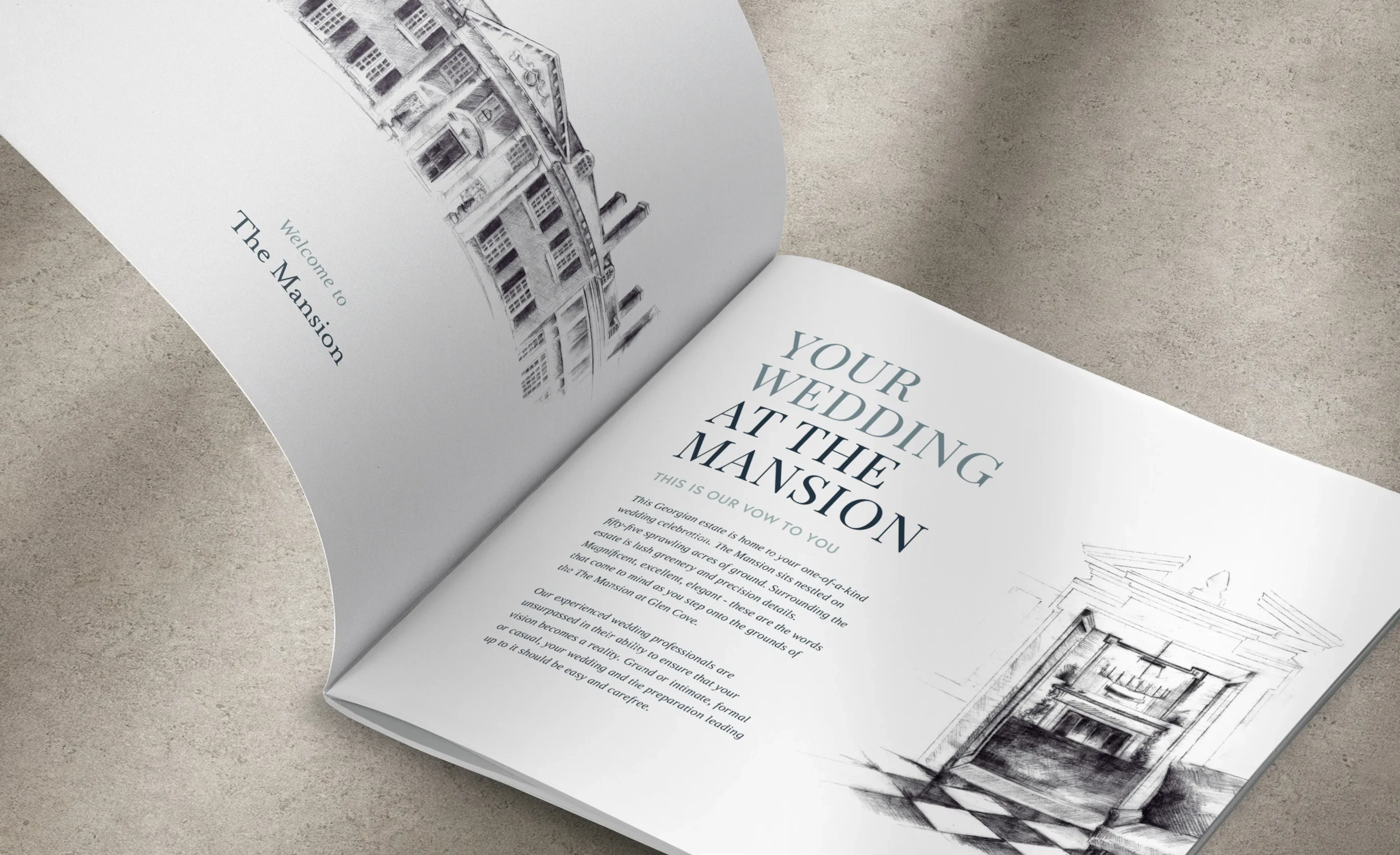 Open booklet spread with sketch illustrations titled Your Wedding at the Mansion