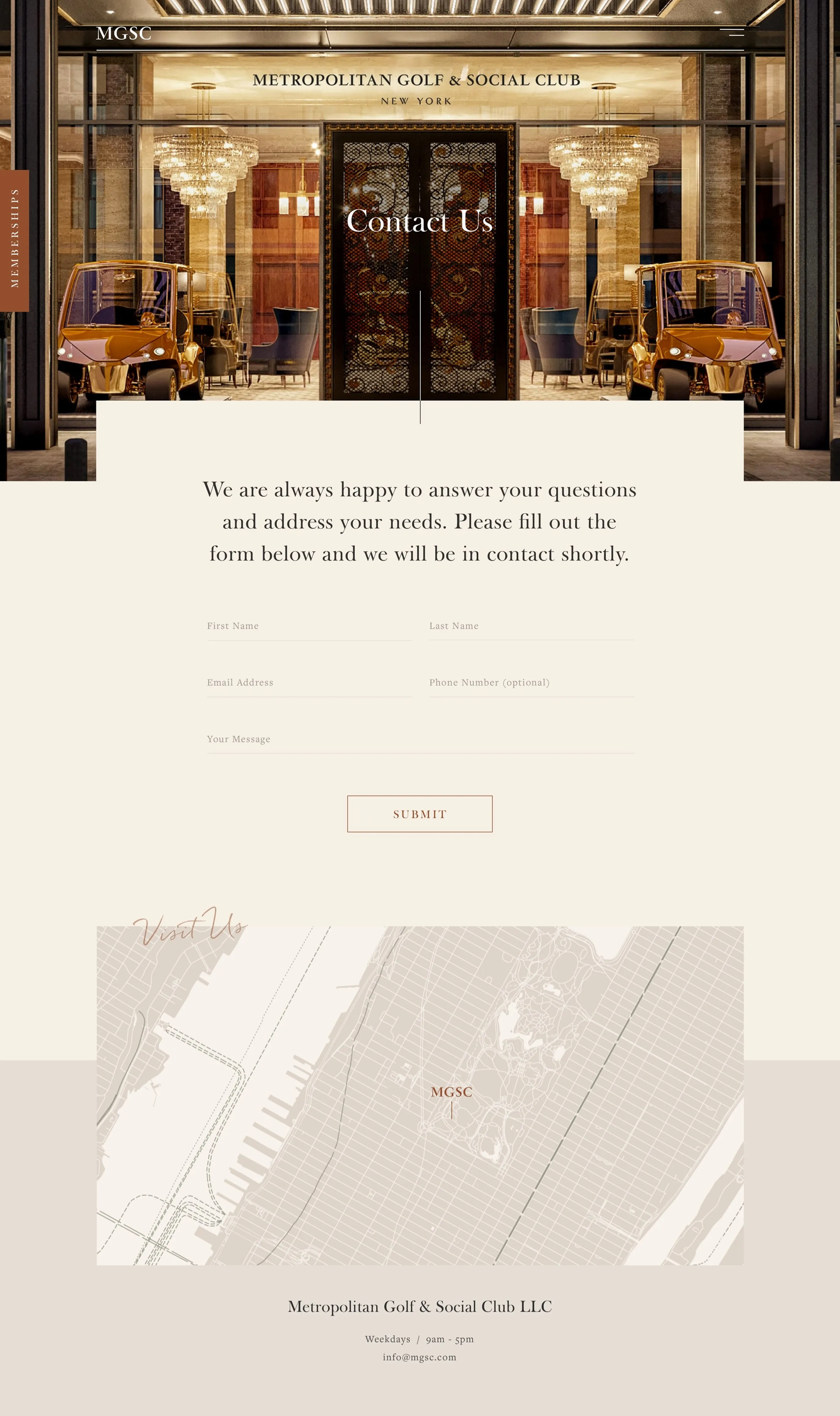 MGSC website contact page mockup with entrance photo and map