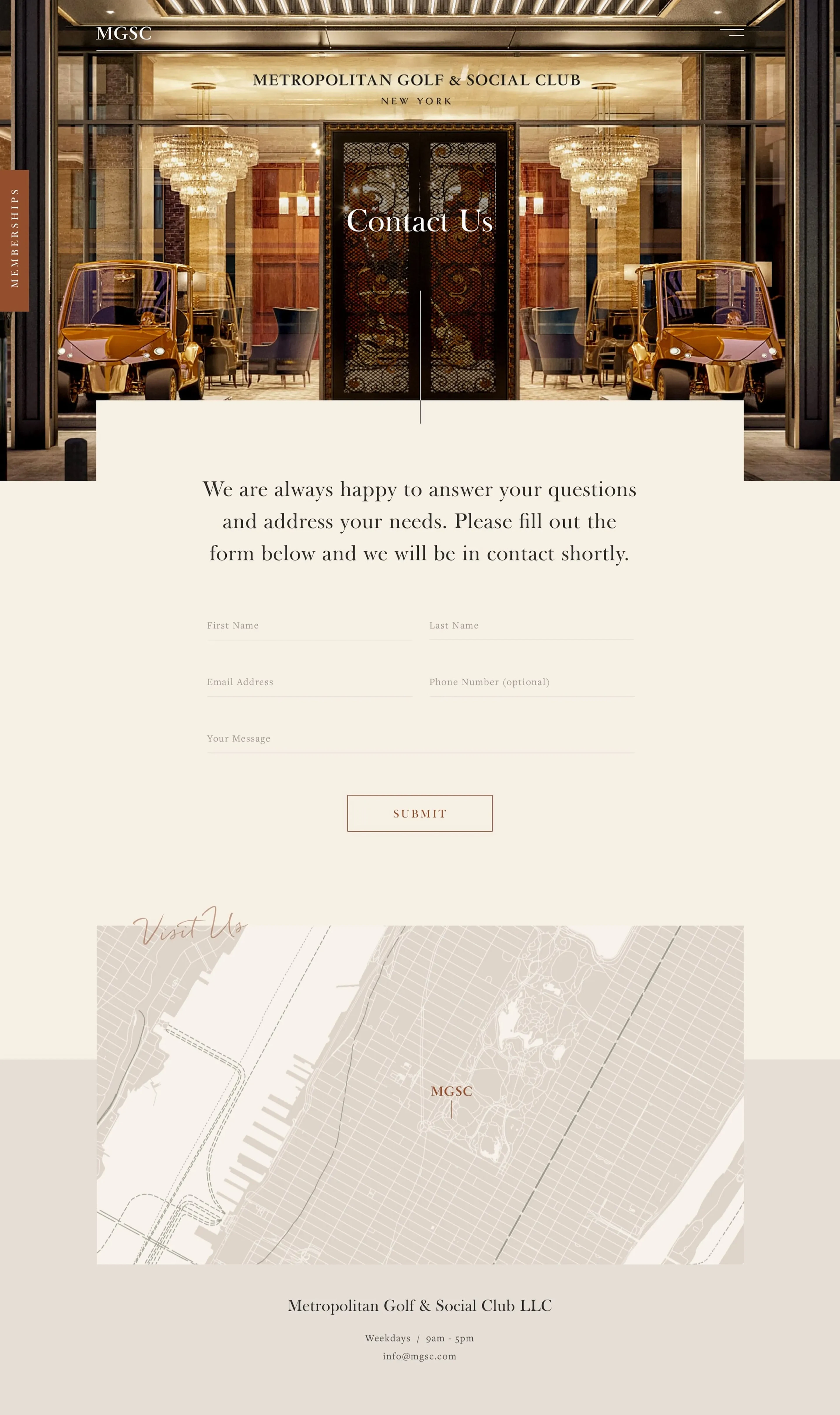 MGSC website contact page mockup with entrance photo and map