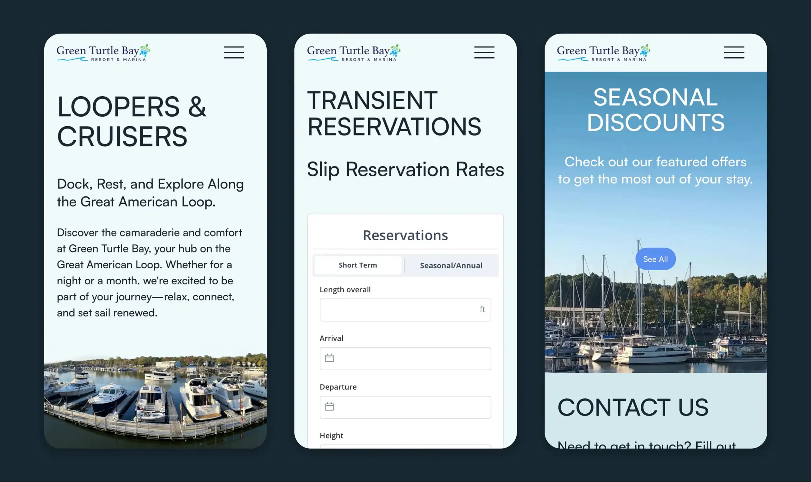 Three Green Turtle Bay Resort and Marina website mockups on mobile
