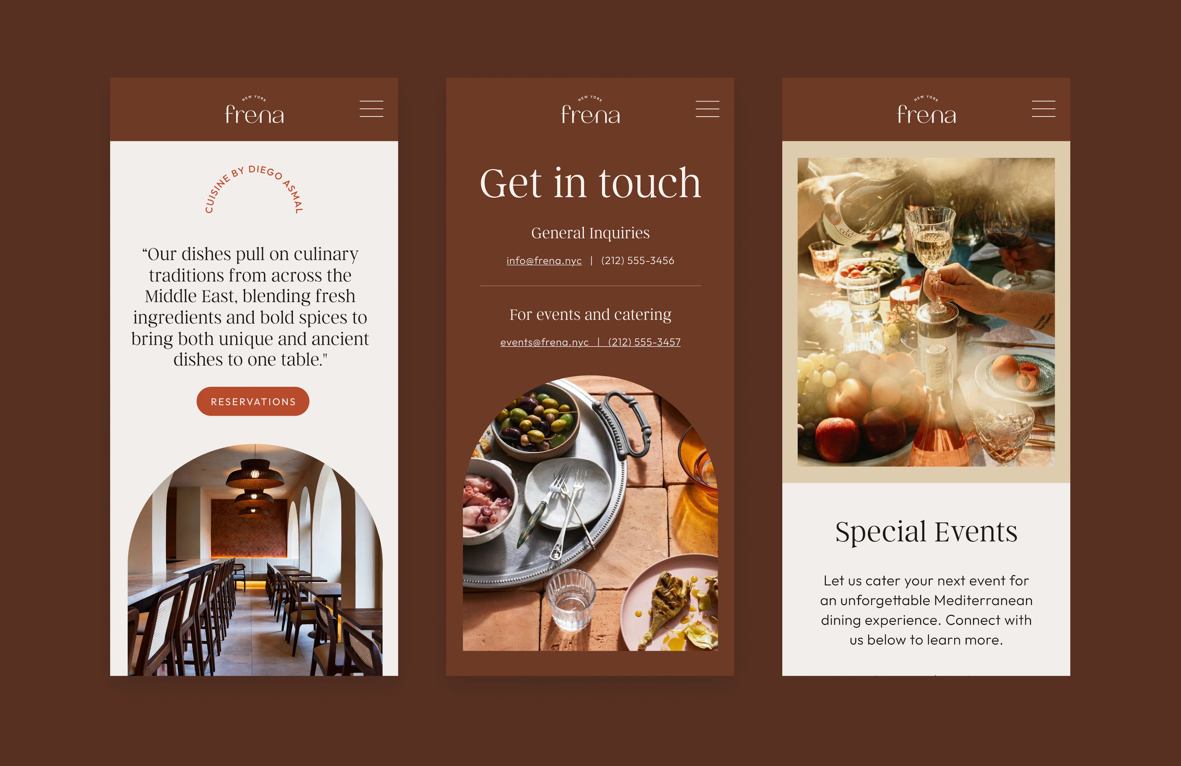 Frena website mockups on three mobile phones