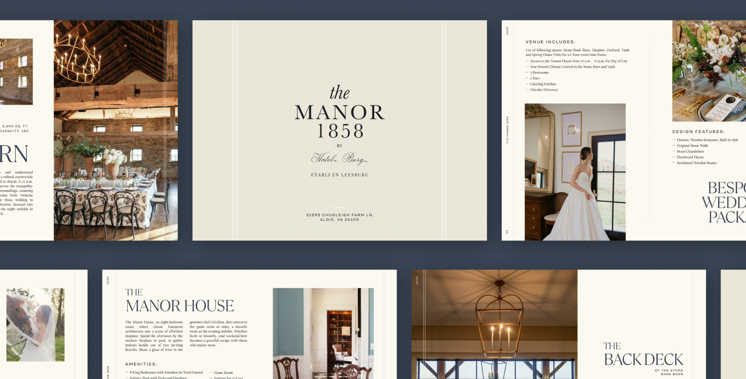 A flat lay of different page views of the Manor hotel brochure on top of a dark blue background
