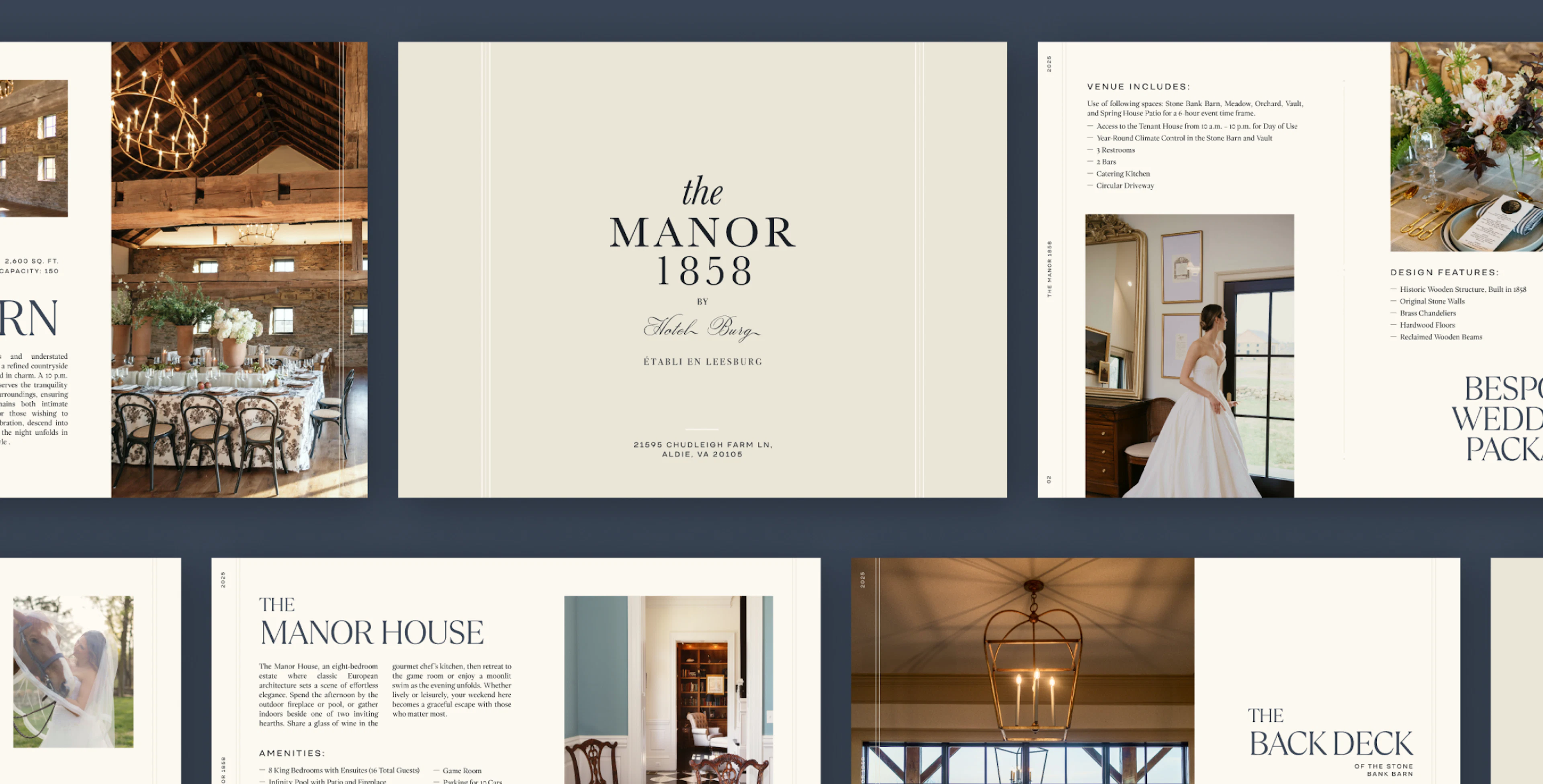 A flat lay of different page views of the Manor hotel brochure on top of a dark blue background