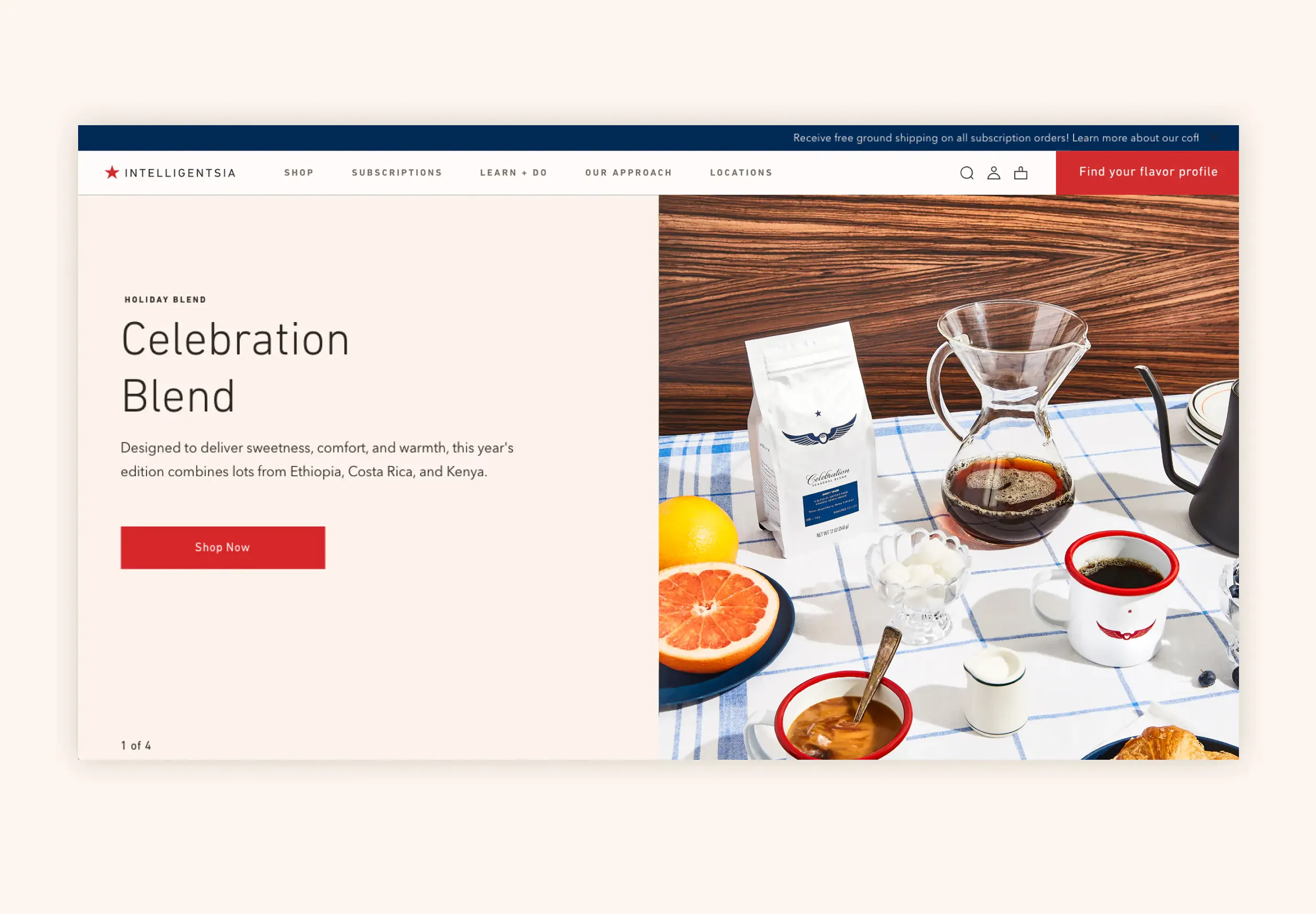 Intelligentsia website product page for Celebration Blend coffee with bag, pour-over, and citrus on a plaid tablecloth