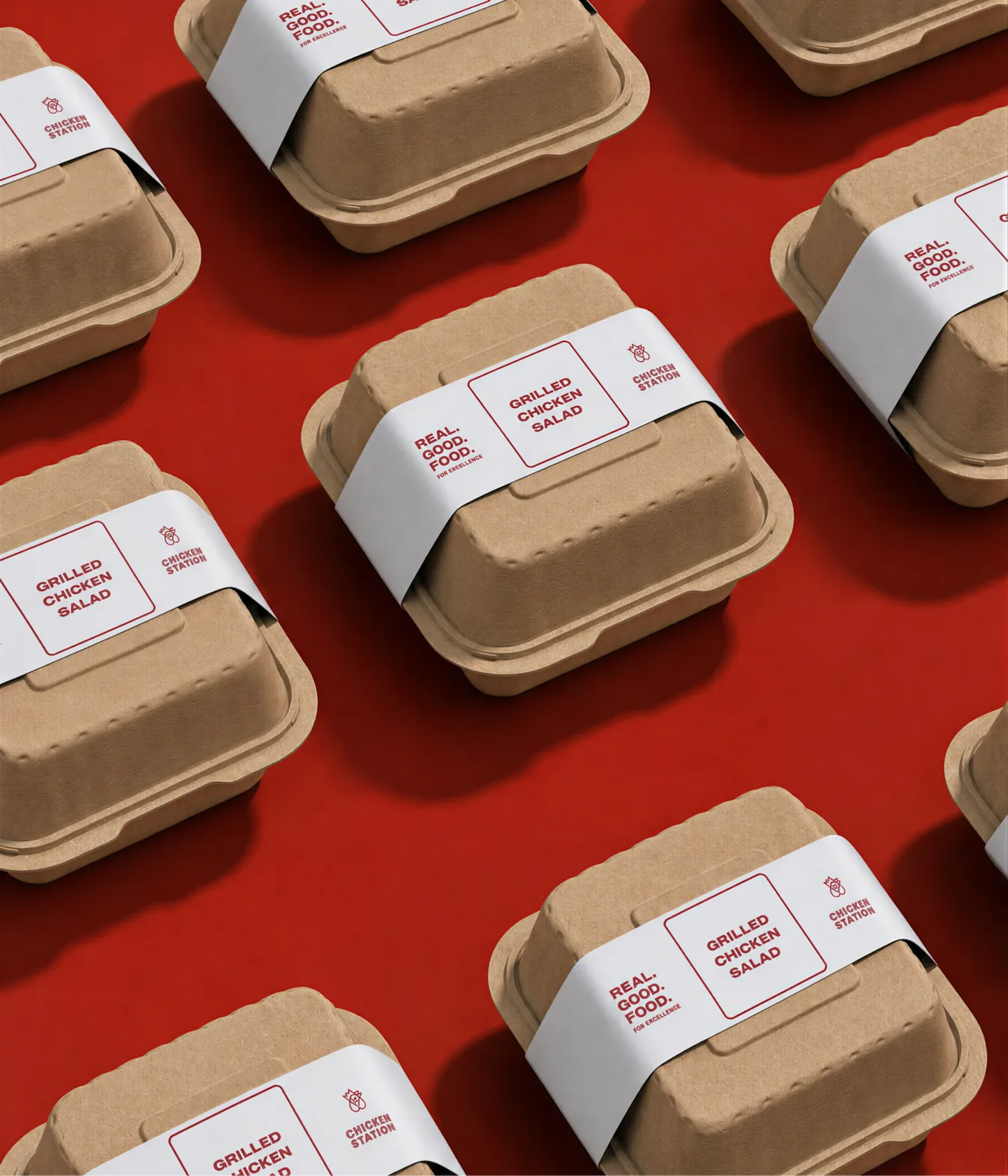 Grid of Chicken Station takeout containers on red background