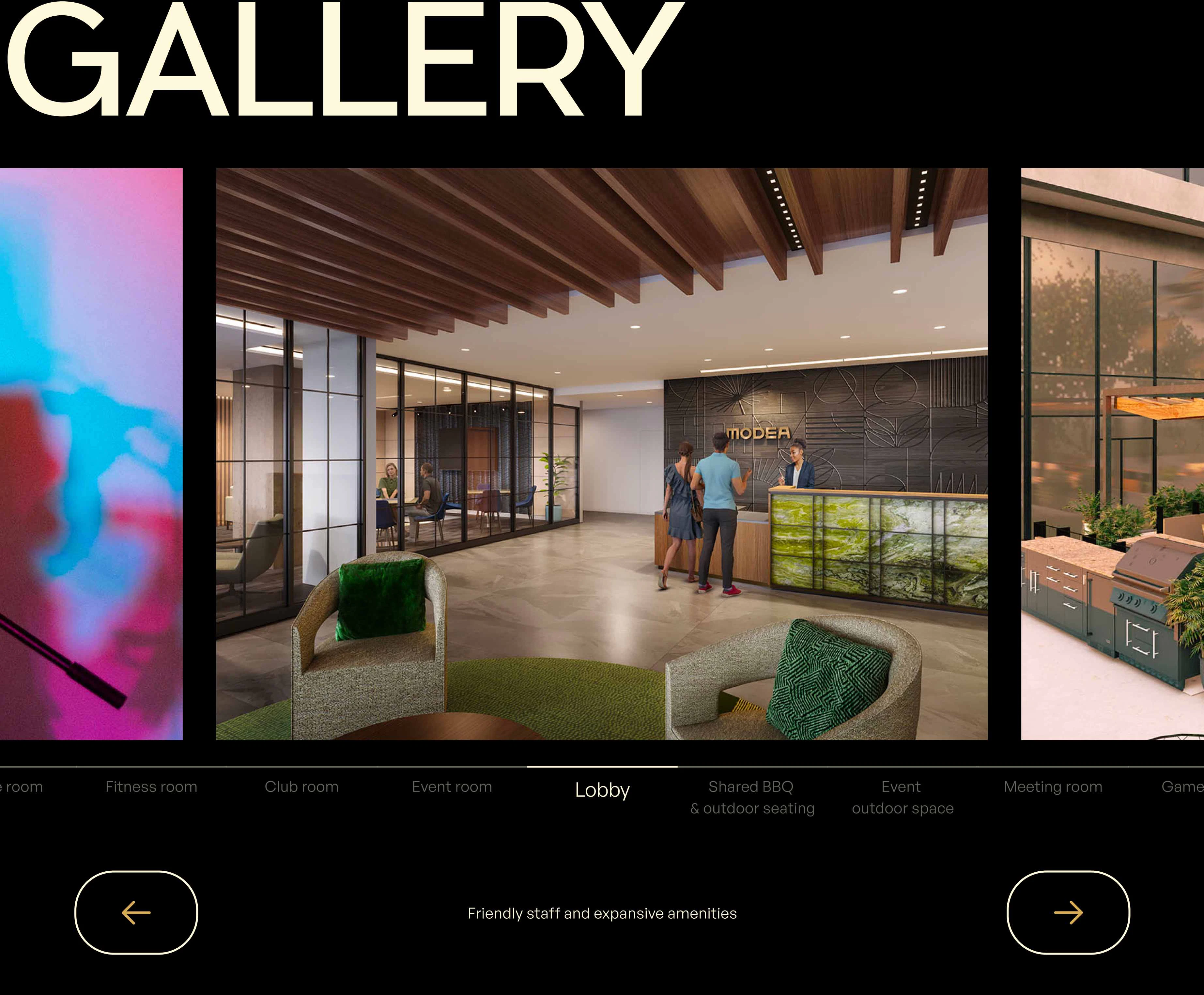 A Modea Gallery carousel beneath oversized cream type, showing the lobby reception with MODEA signage flanked by abstract artwork and an outdoor BBQ, with amenity tabs from fitness room to game room and the caption Friendly staff and expansive amenities.