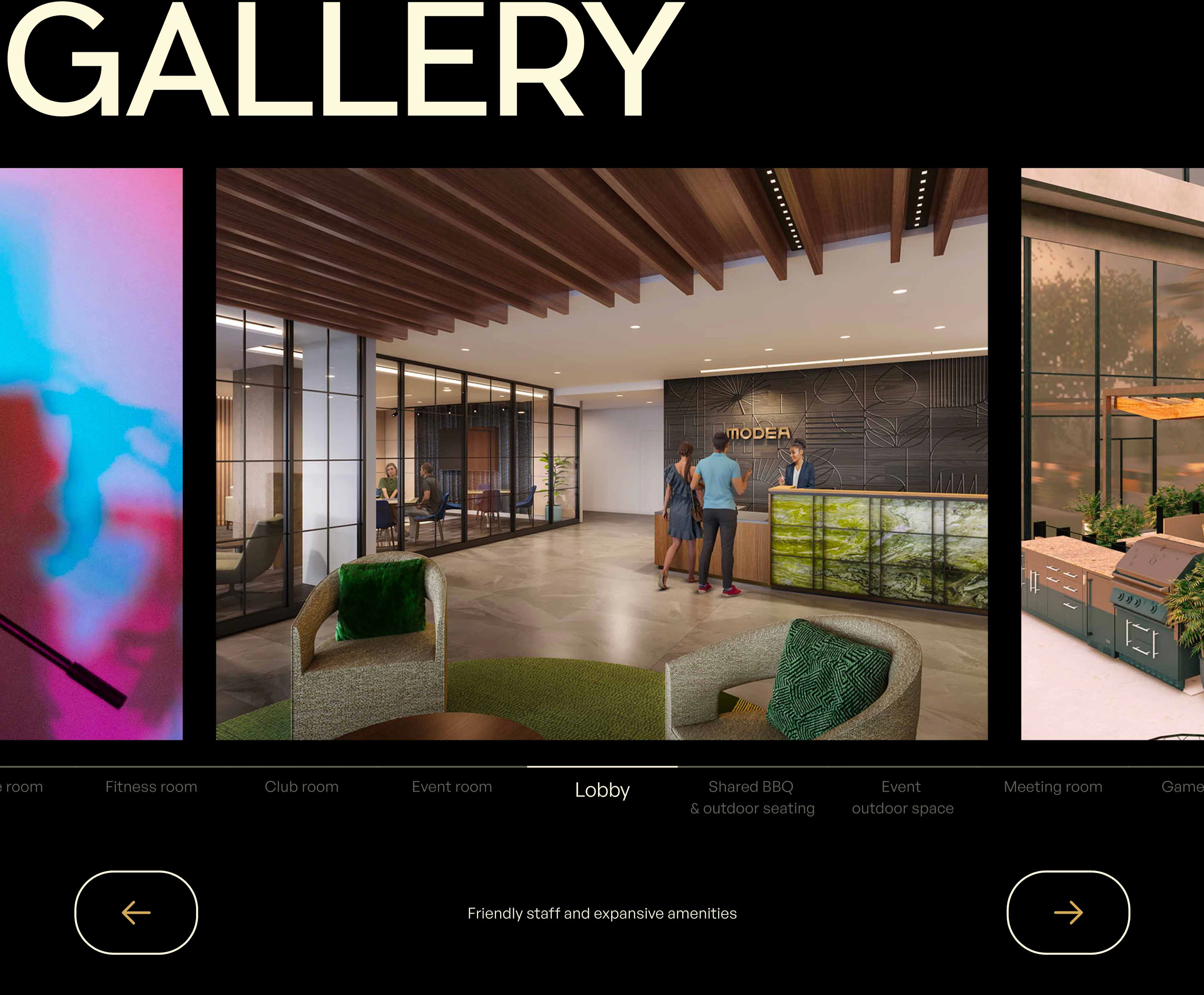 A Modea Gallery carousel beneath oversized cream type, showing the lobby reception with MODEA signage flanked by abstract artwork and an outdoor BBQ, with amenity tabs from fitness room to game room and the caption Friendly staff and expansive amenities.