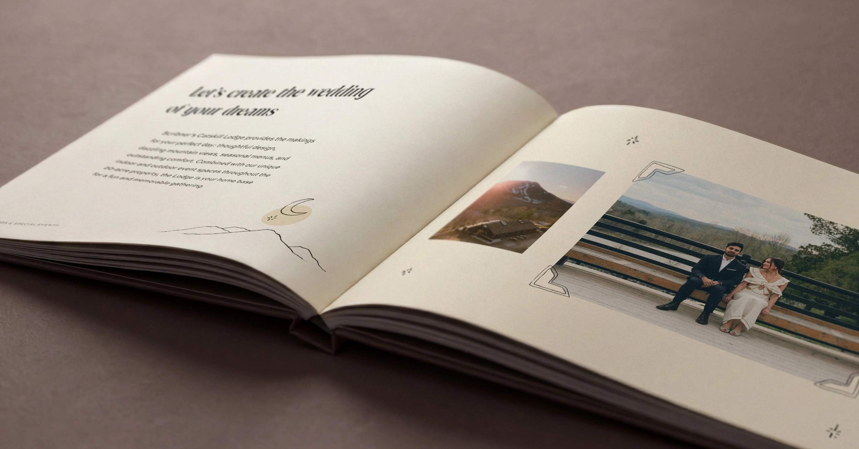 Open booklet spread with wedding photos and script heading