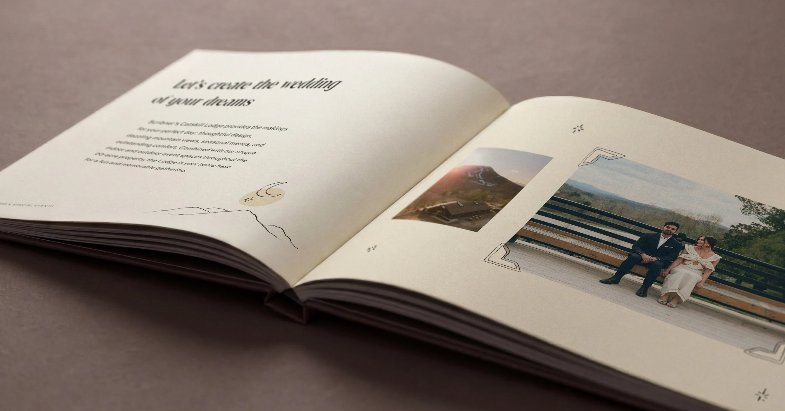 Open booklet spread with wedding photos and script heading
