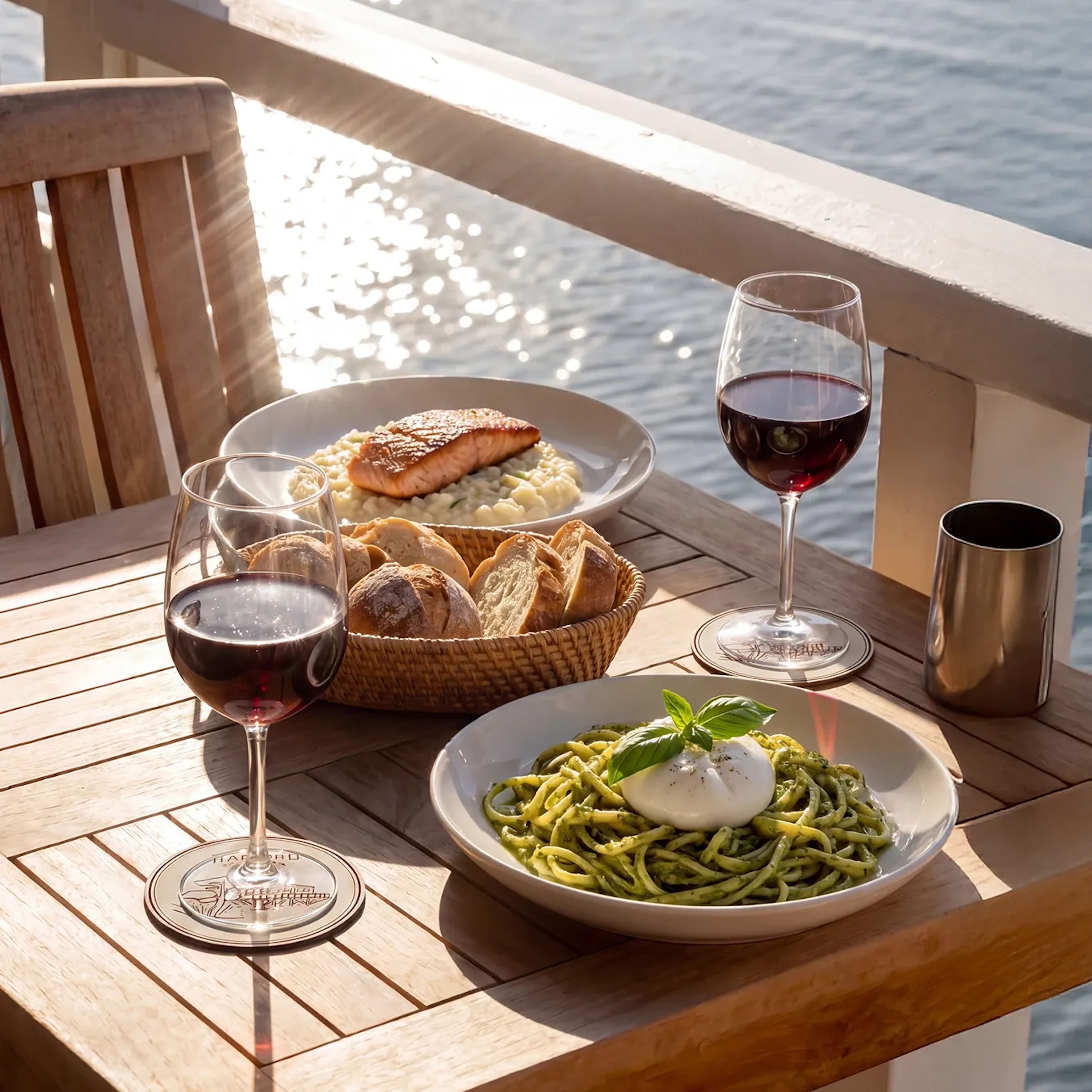 Salmon and pasta dishes with wine on a waterside table
