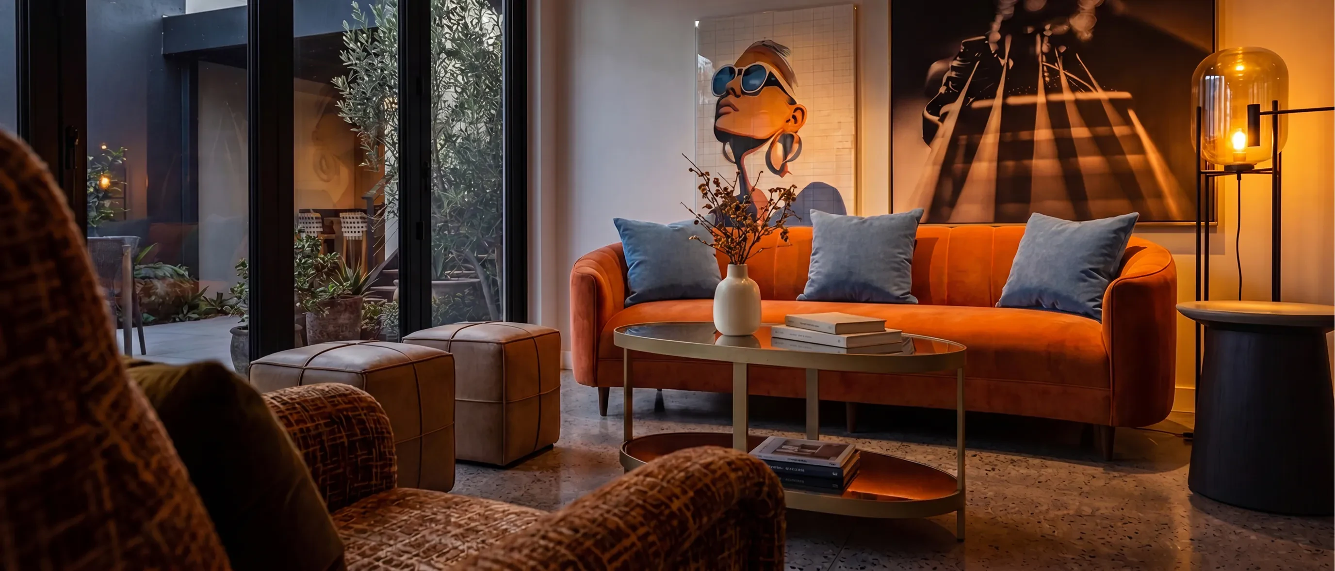 Orange sofa and armchairs in a lounge with a coffee table