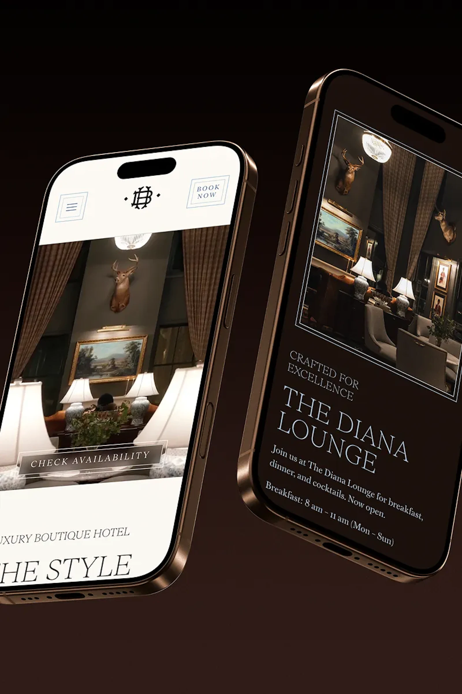 Two phones showing The Style hotel website and Diana Lounge page mockups
