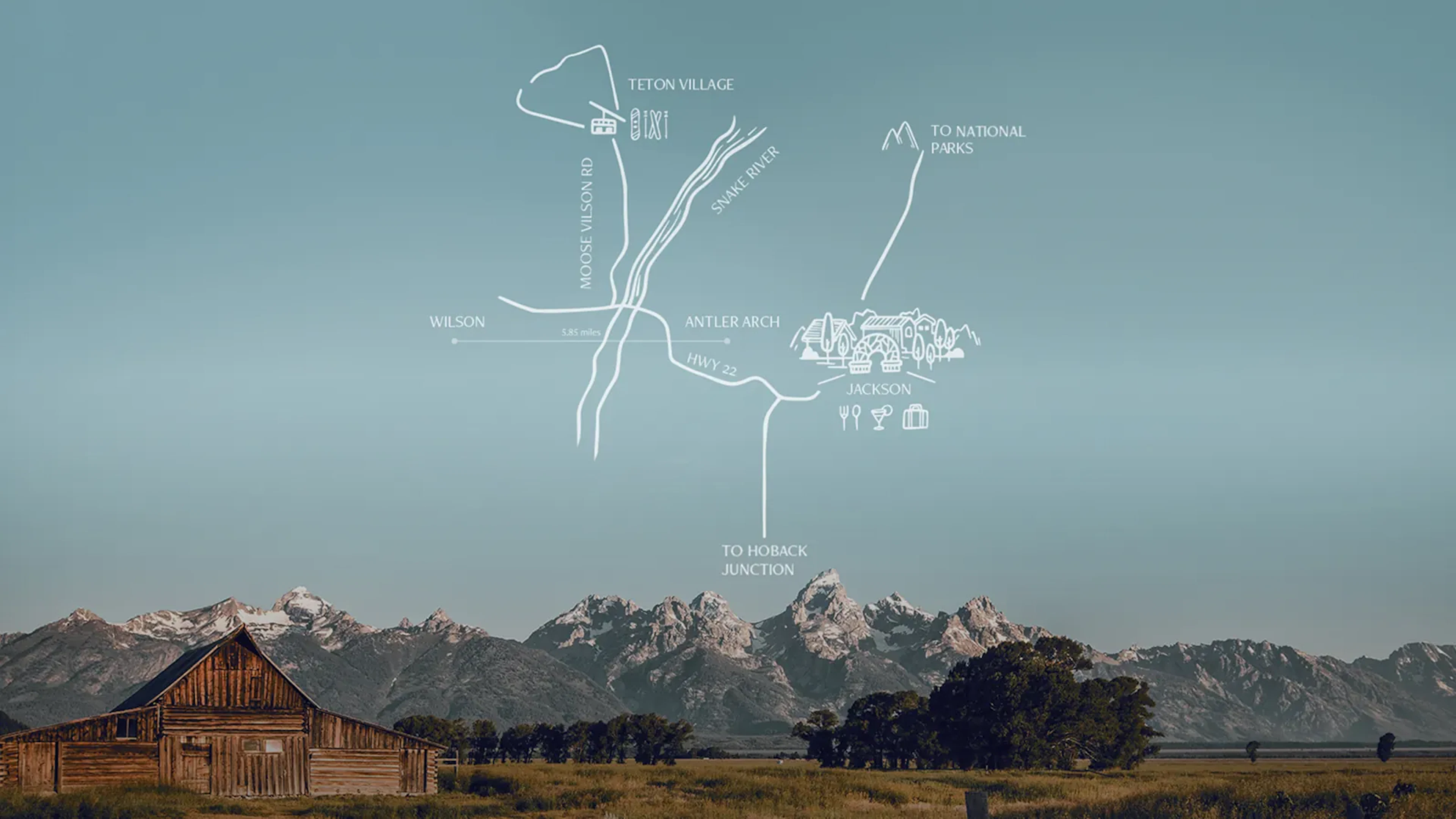 Illustrated map overlaid on a photo of a barn and mountains