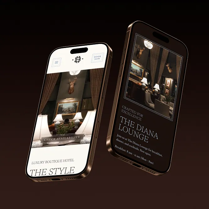 Two phones showing light and dark website variants