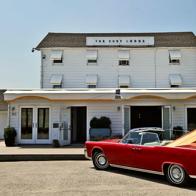 Vintage car parked outside white lodgings