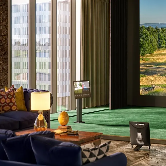 Furnished suite with blue sofas