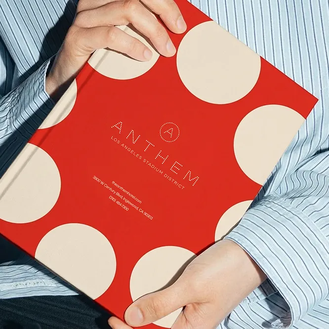 Red book held front-on by a person in a blue striped shirt