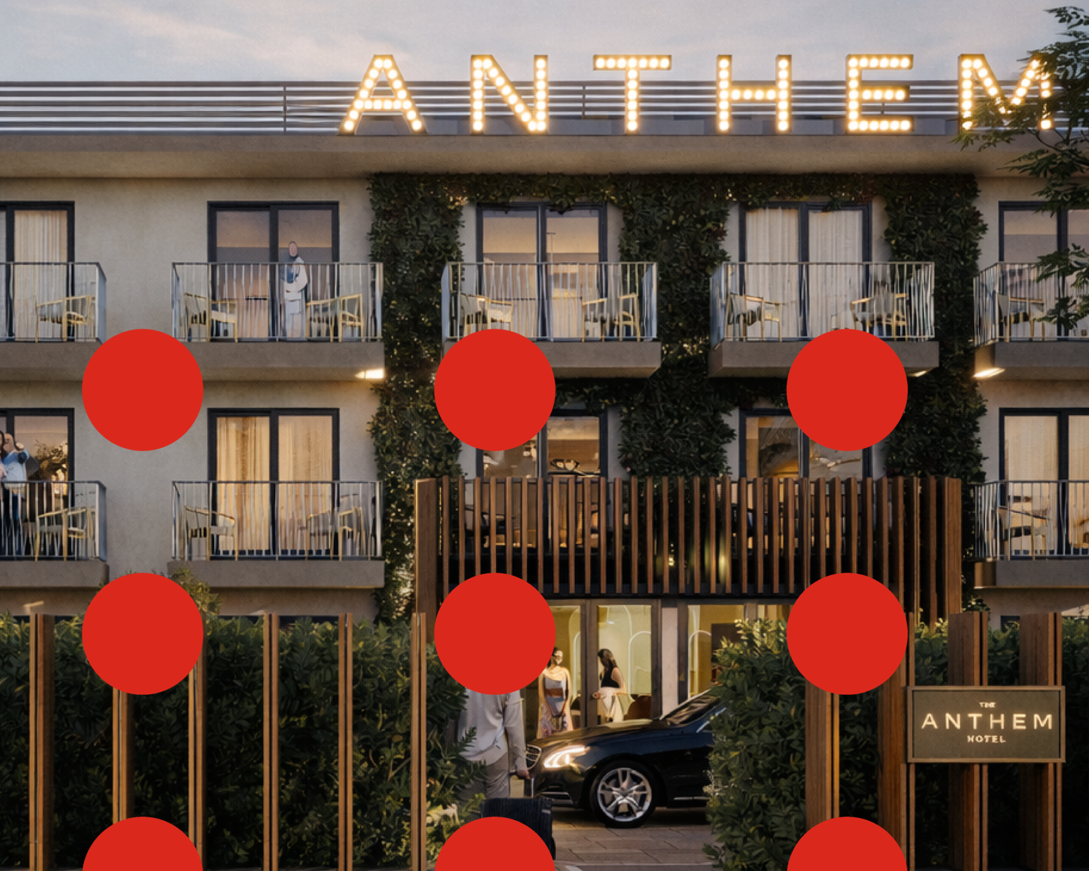 Anthem hotel exterior at dusk with red dot overlay