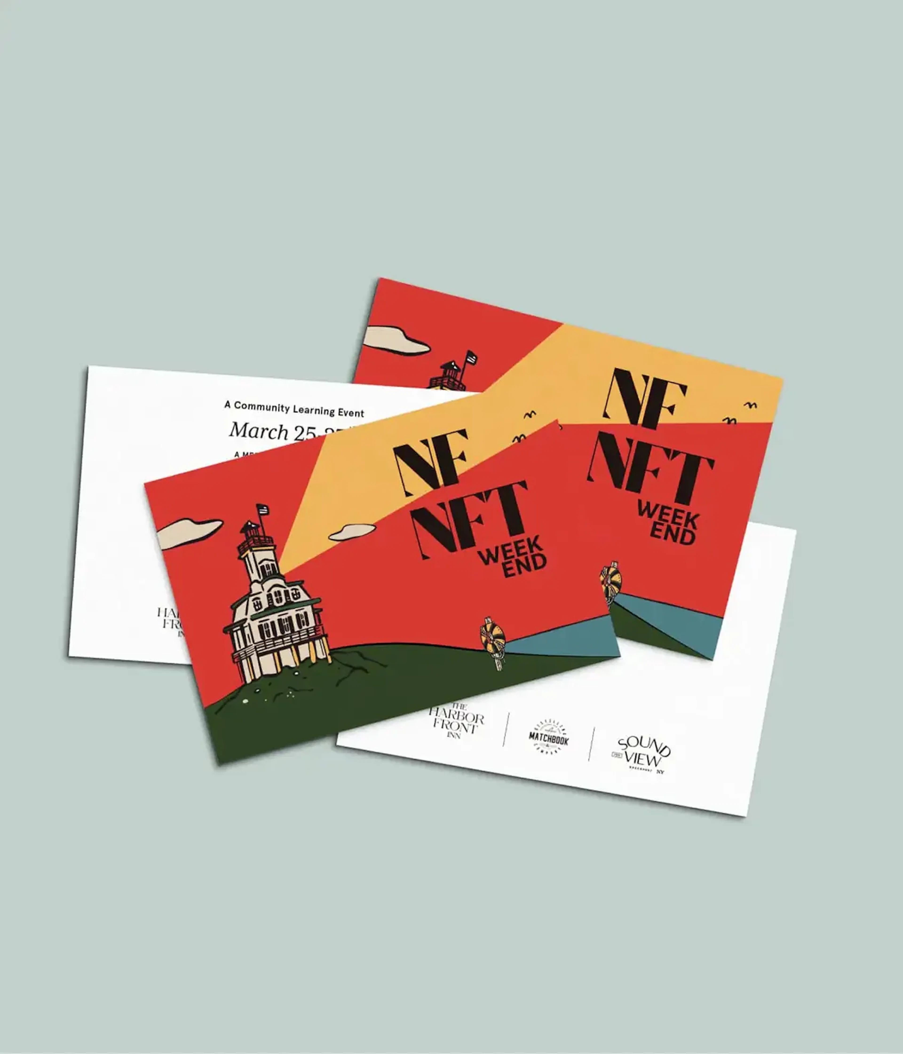 NF NFT Weekend postcards with illustrated lighthouse scene