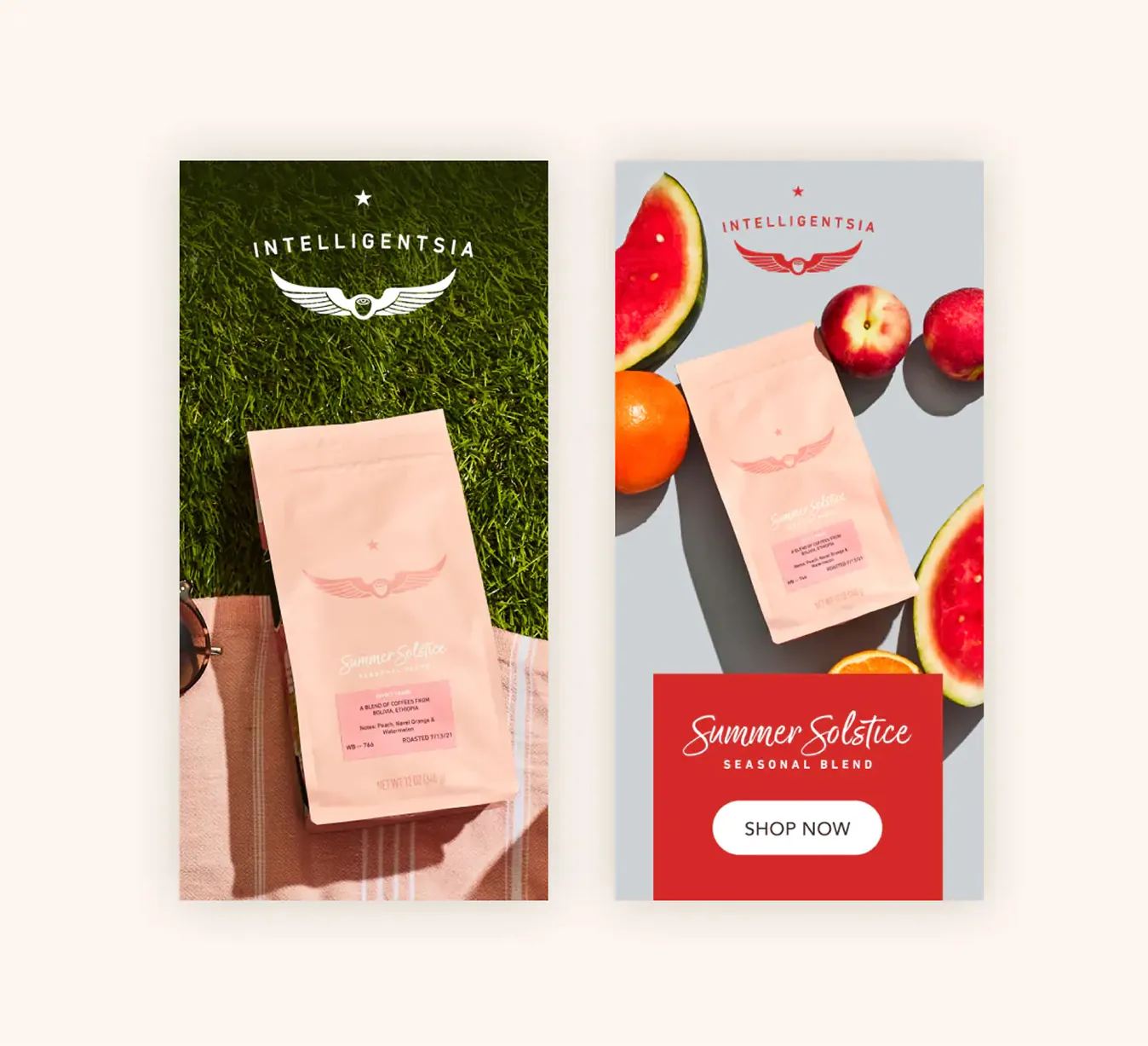 Pink Intelligentsia coffee bag on grass beside the same bag styled with watermelon and citrus