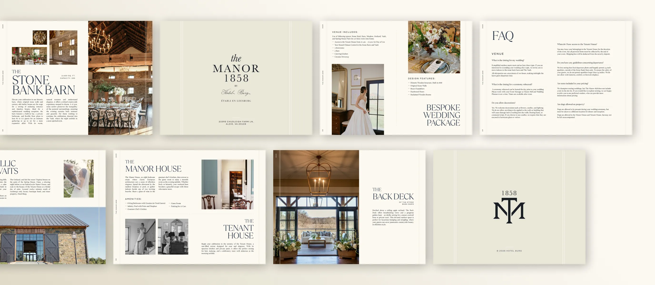 The Manor 1858 brochure spreads laid out on a cream background
