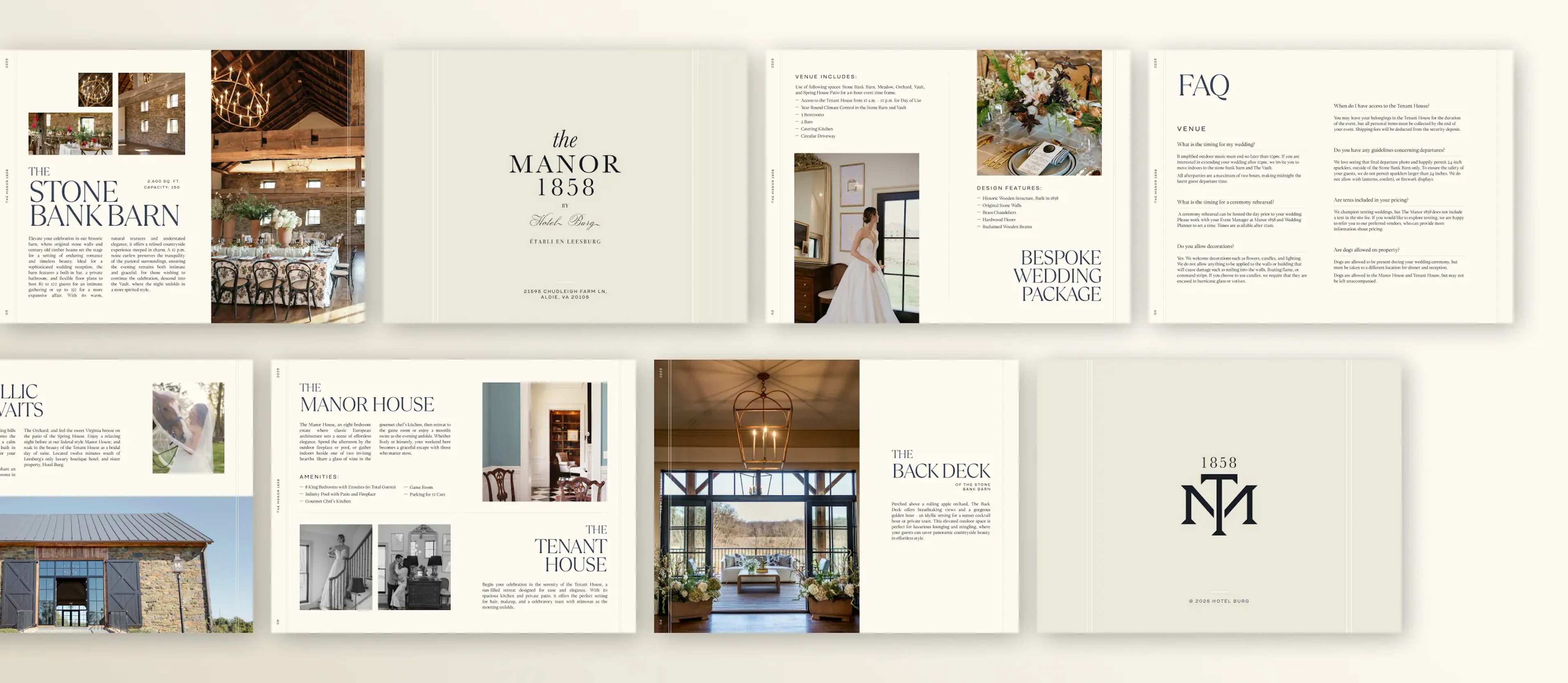 The Manor 1858 brochure spreads laid out on a cream background
