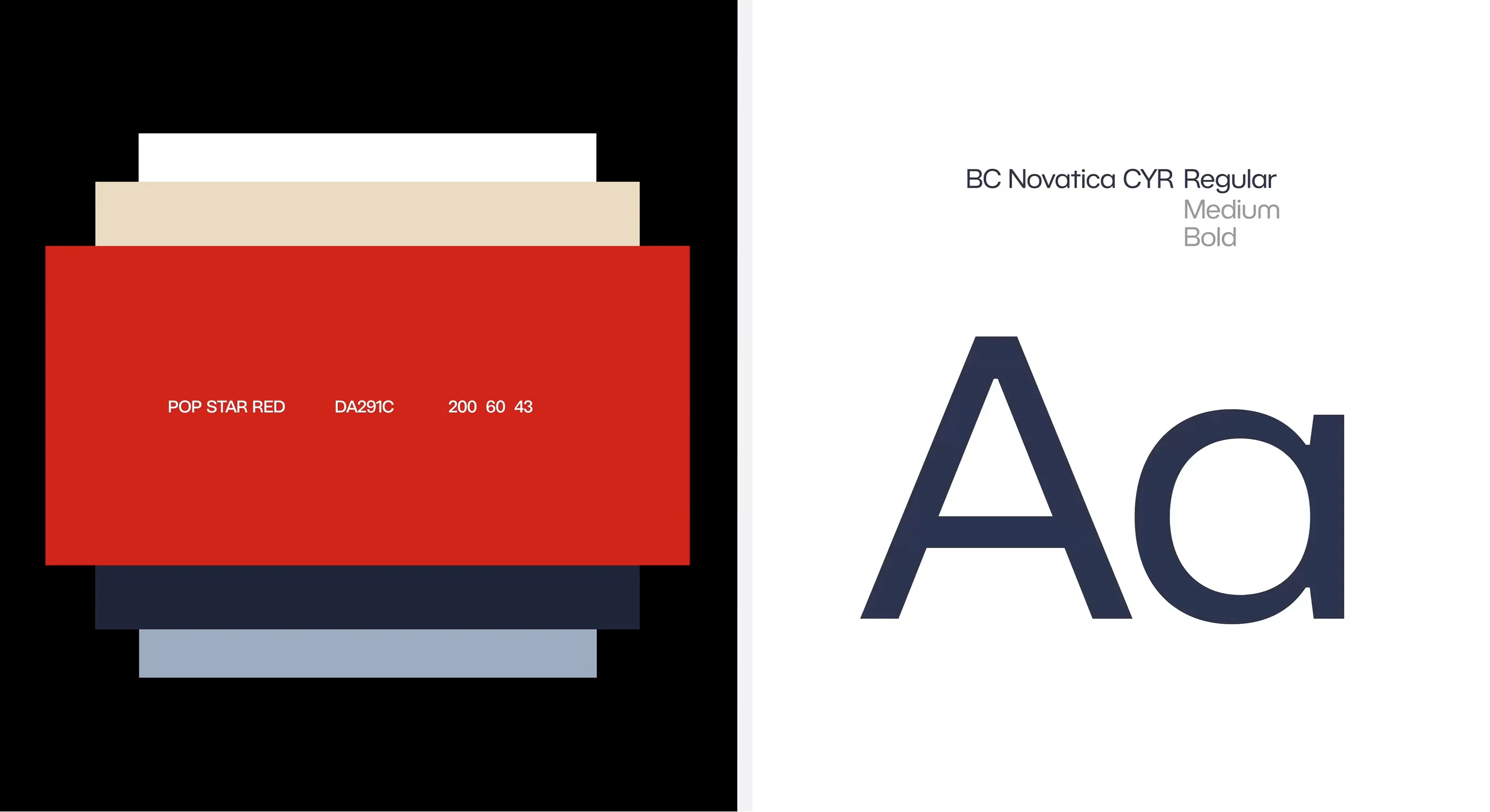 Red color swatch and typography specimen on brand guide