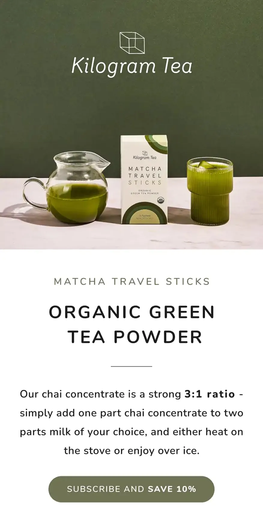 Kilogram Tea webpage for Matcha Travel Sticks with product box, pitcher, and glass of matcha