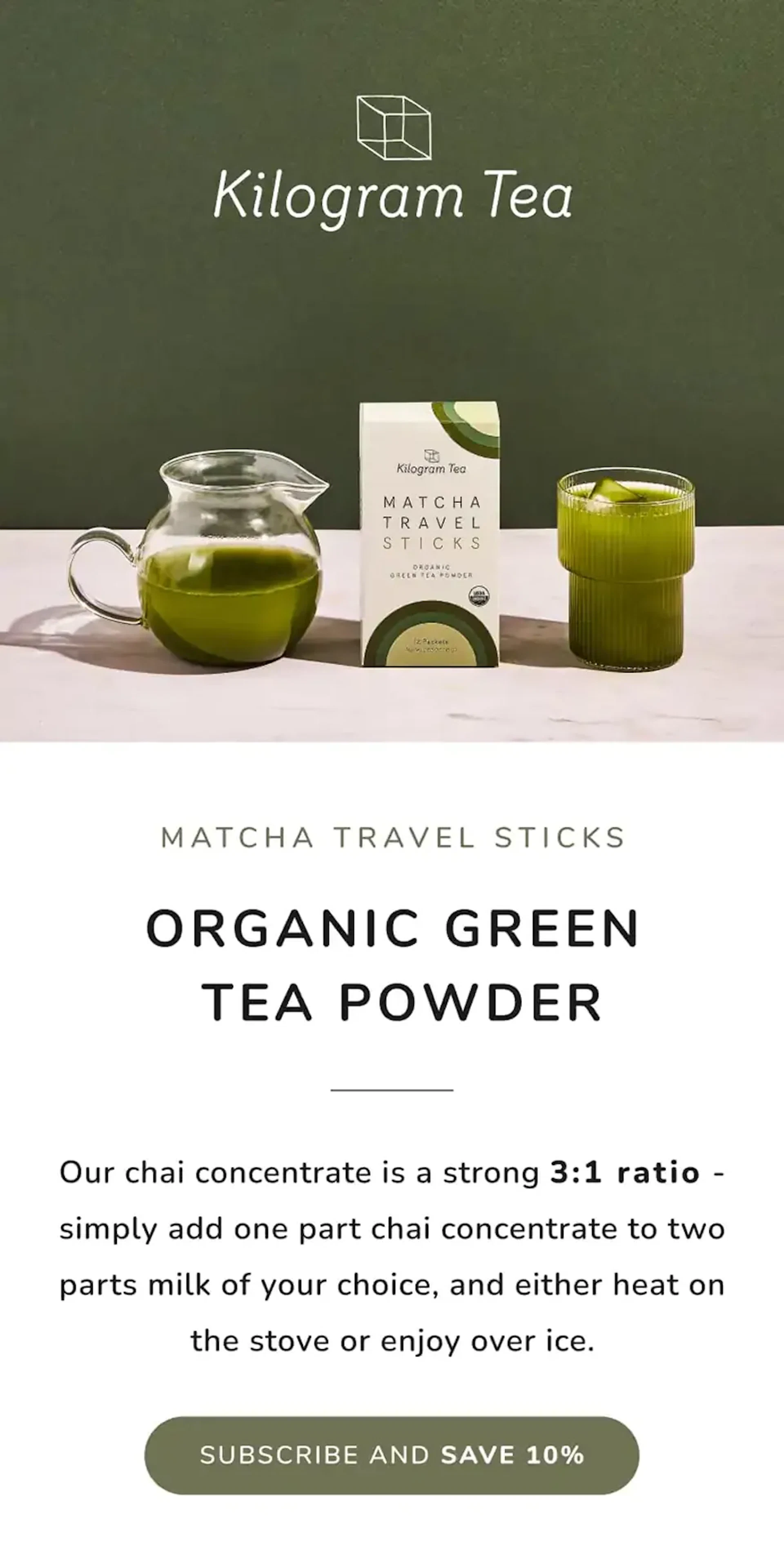 Kilogram Tea webpage for Matcha Travel Sticks with product box, pitcher, and glass of matcha
