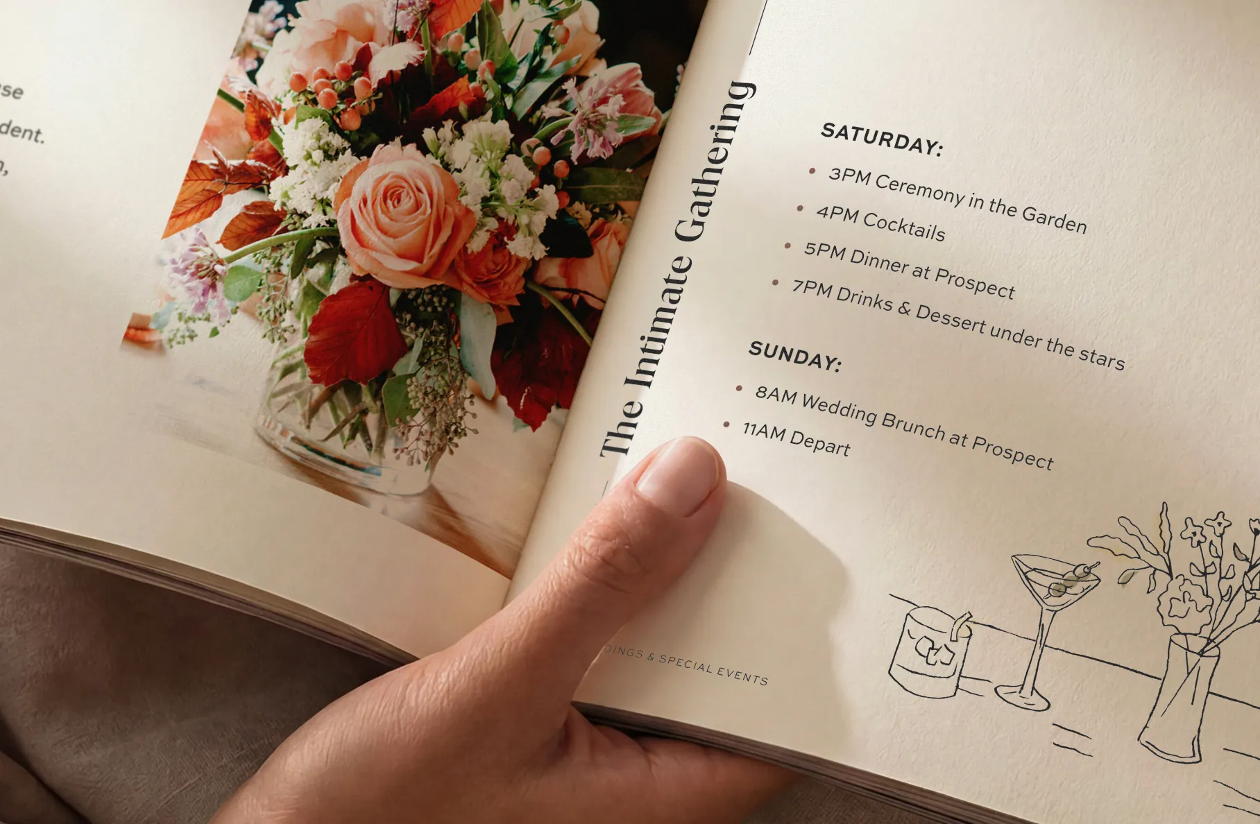 Hand holding open booklet showing bouquet and wedding schedule