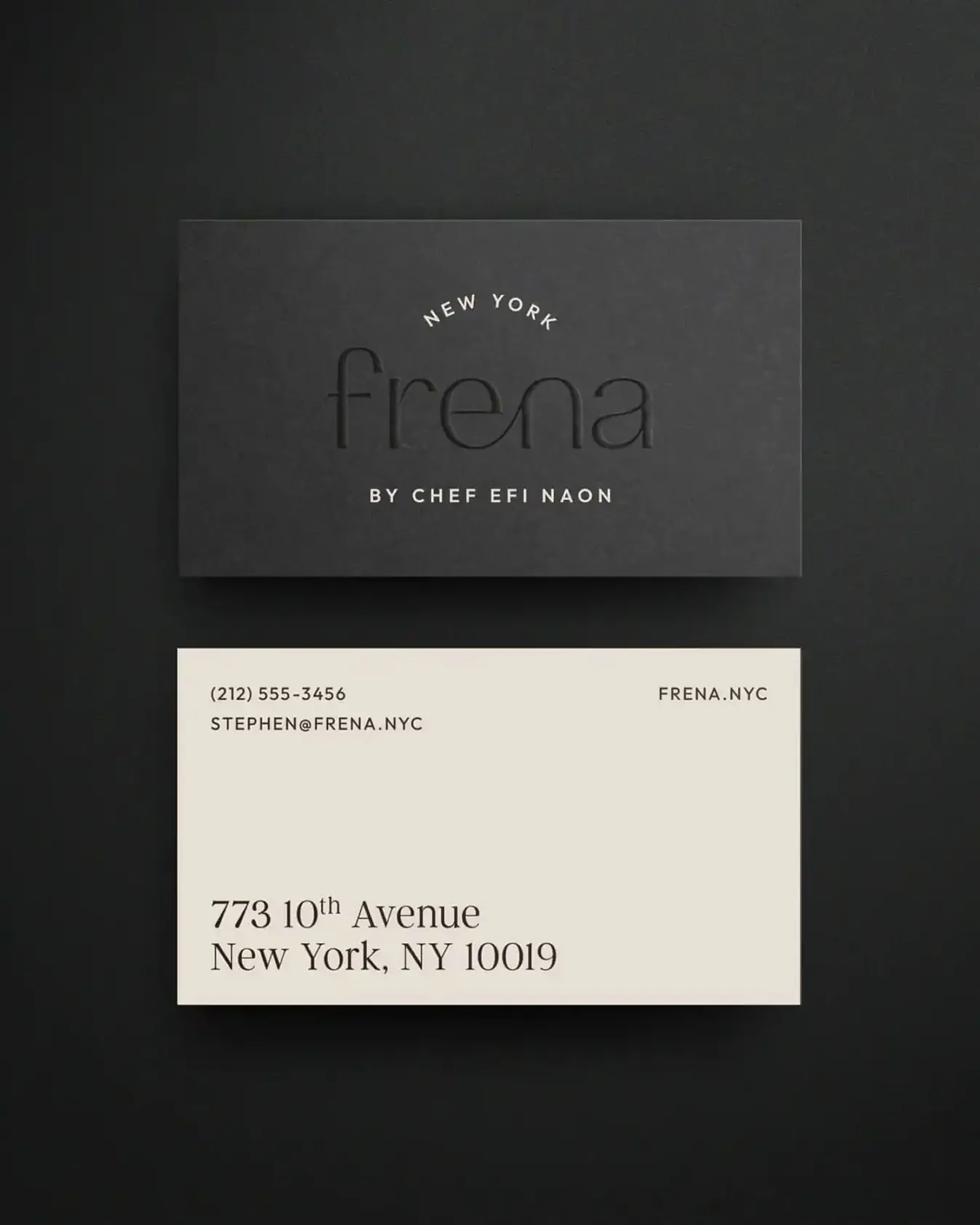 Frena business card front and back on black background