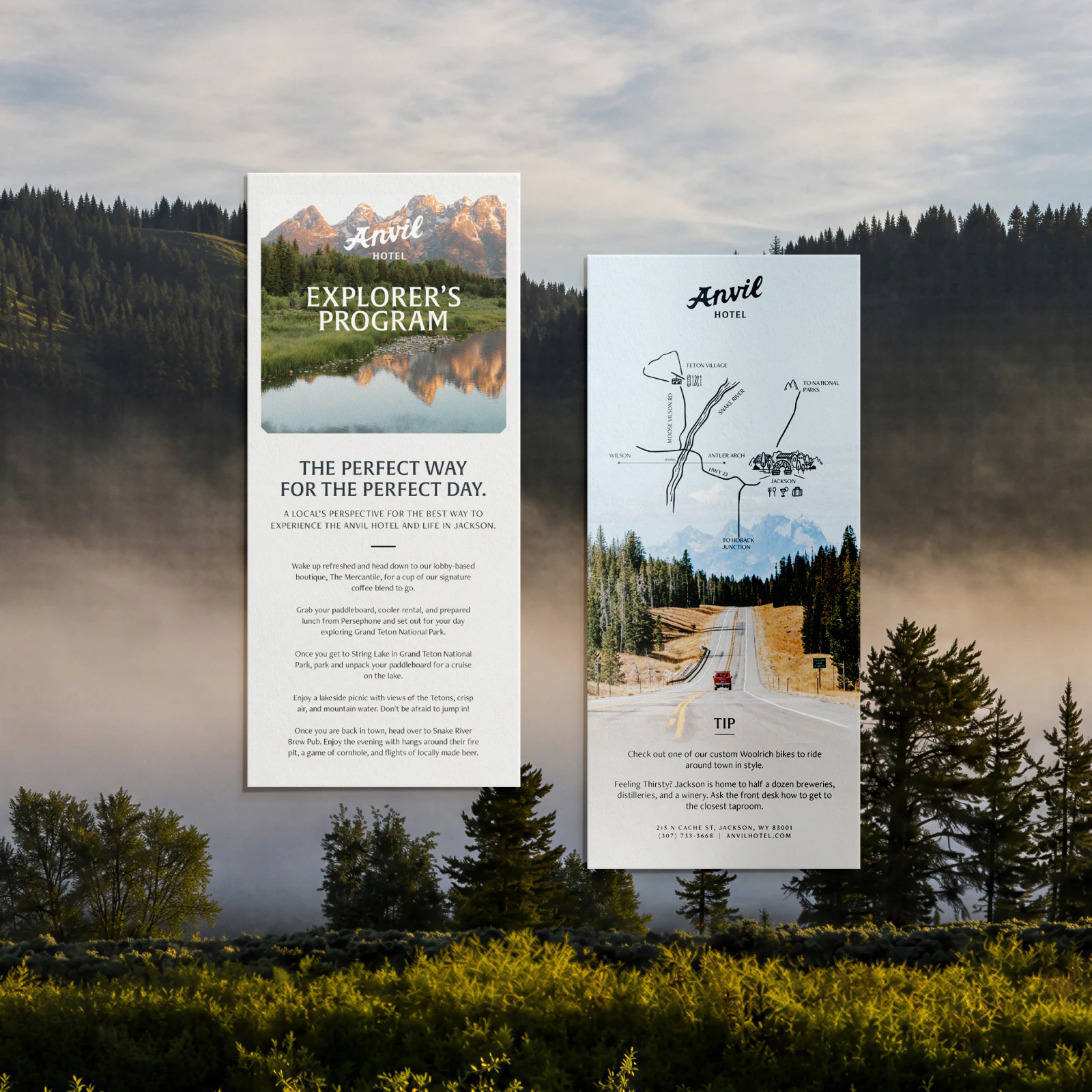 A flat lay front and back tall brochure design on top of a foggy mountain image. The brochures are advertising for the Anvil hotel stay packages