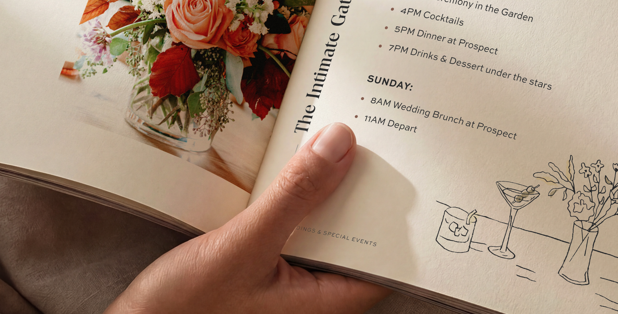 An open brochure with a woman's hand keeping the pages from closing depicting custom illustrations and floral photography