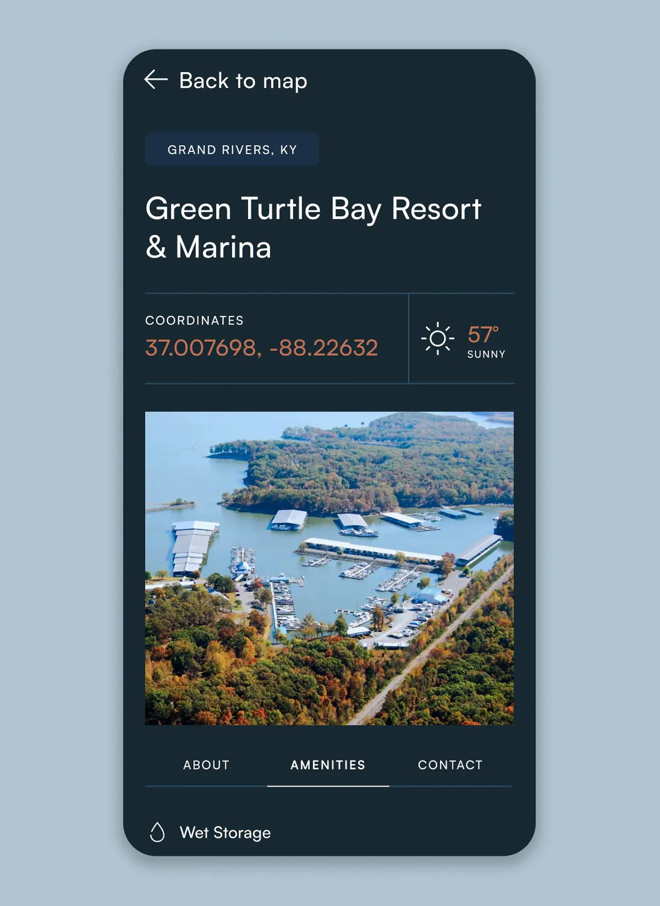 Grove Point Marinas website mockup, marina detail page on mobile