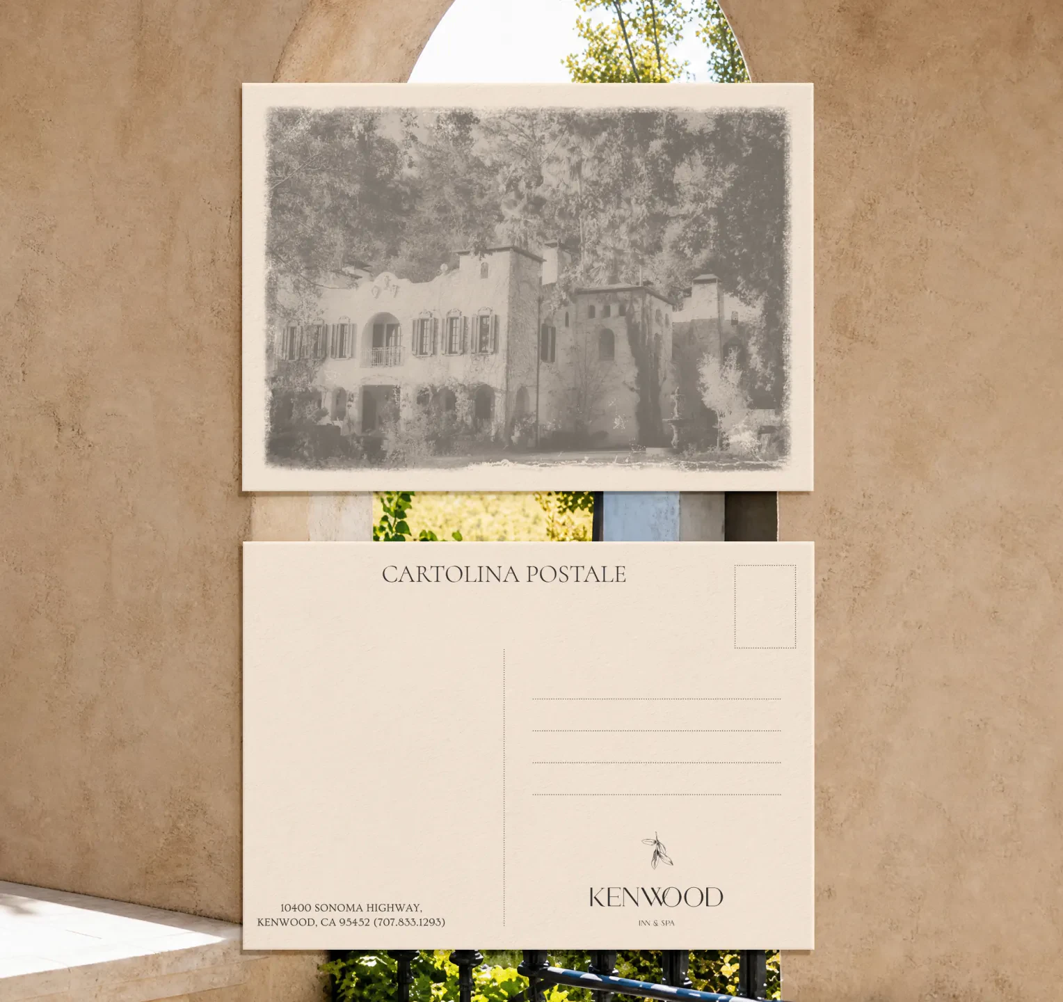 Vintage-style postcard of Kenwood Inn against a stucco wall
