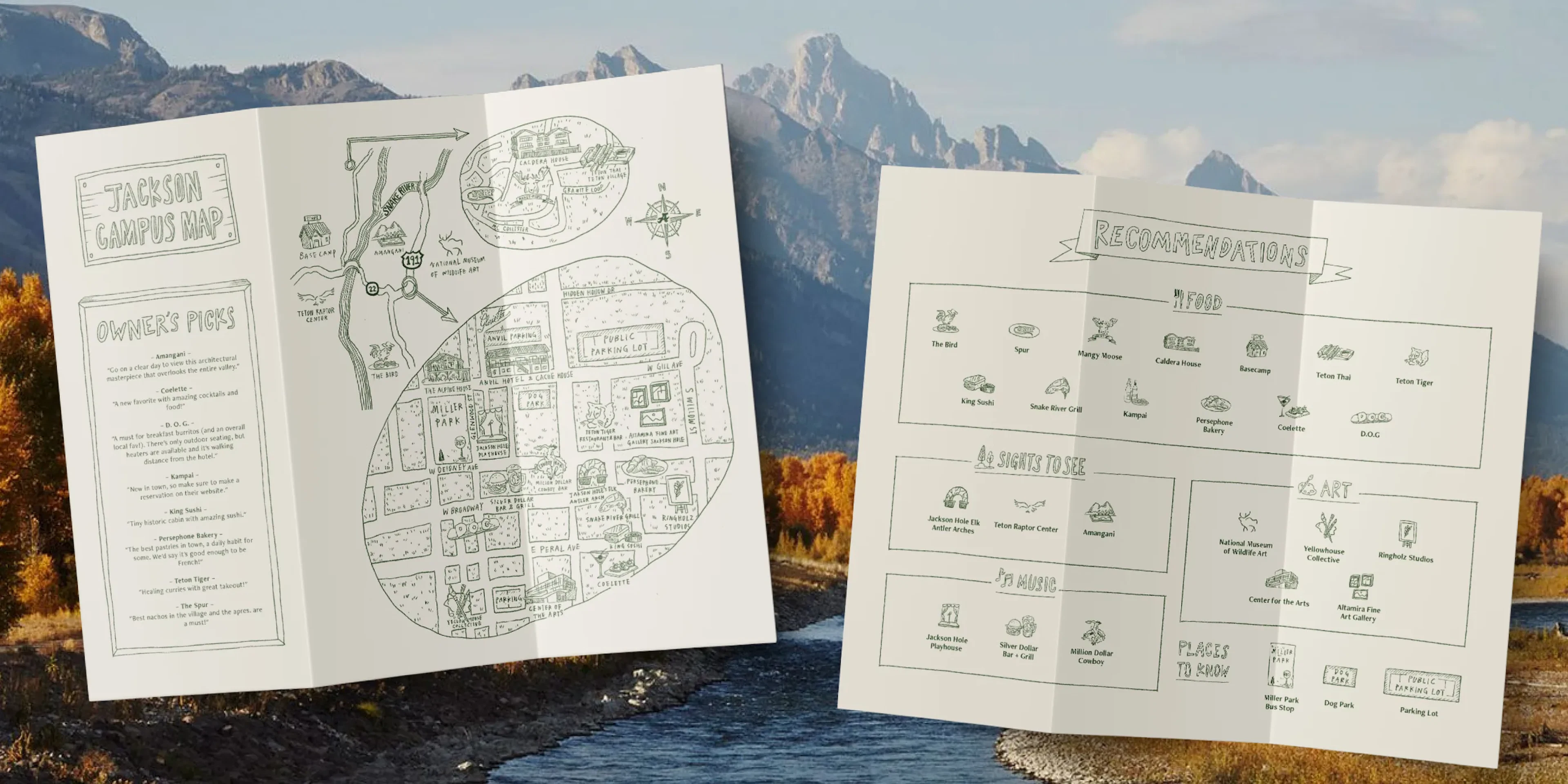 Hand-drawn Jackson Hole map and recommendations booklet over mountain photo