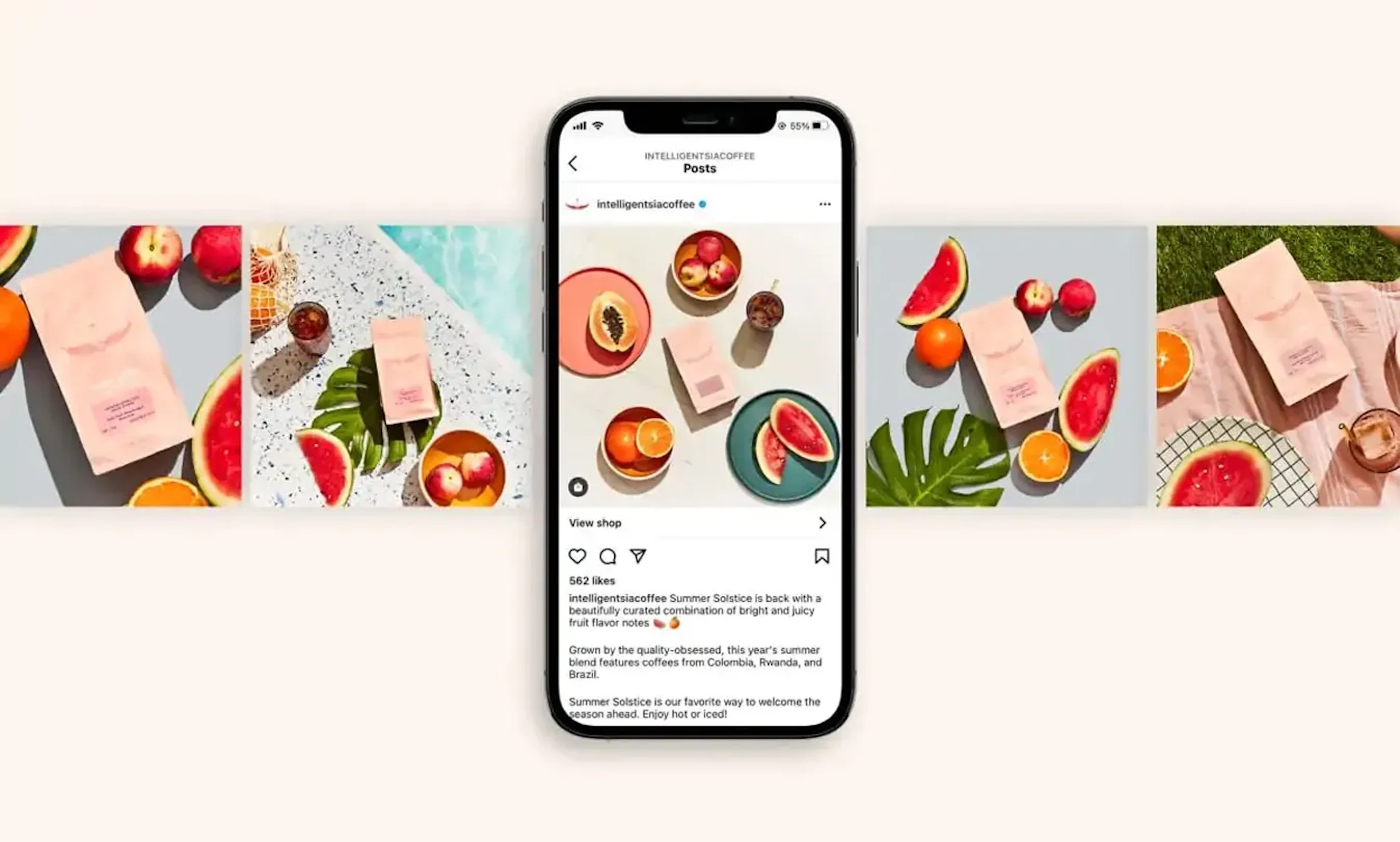 Phone mockup of an Instagram post over a grid of overhead fruit and coffee photos