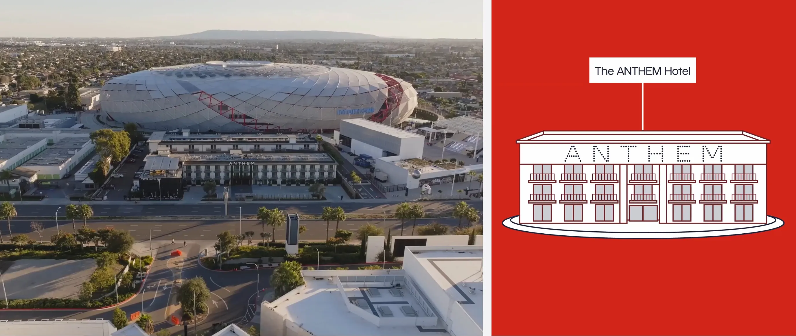 Aerial stadium photo beside Anthem hotel line illustration