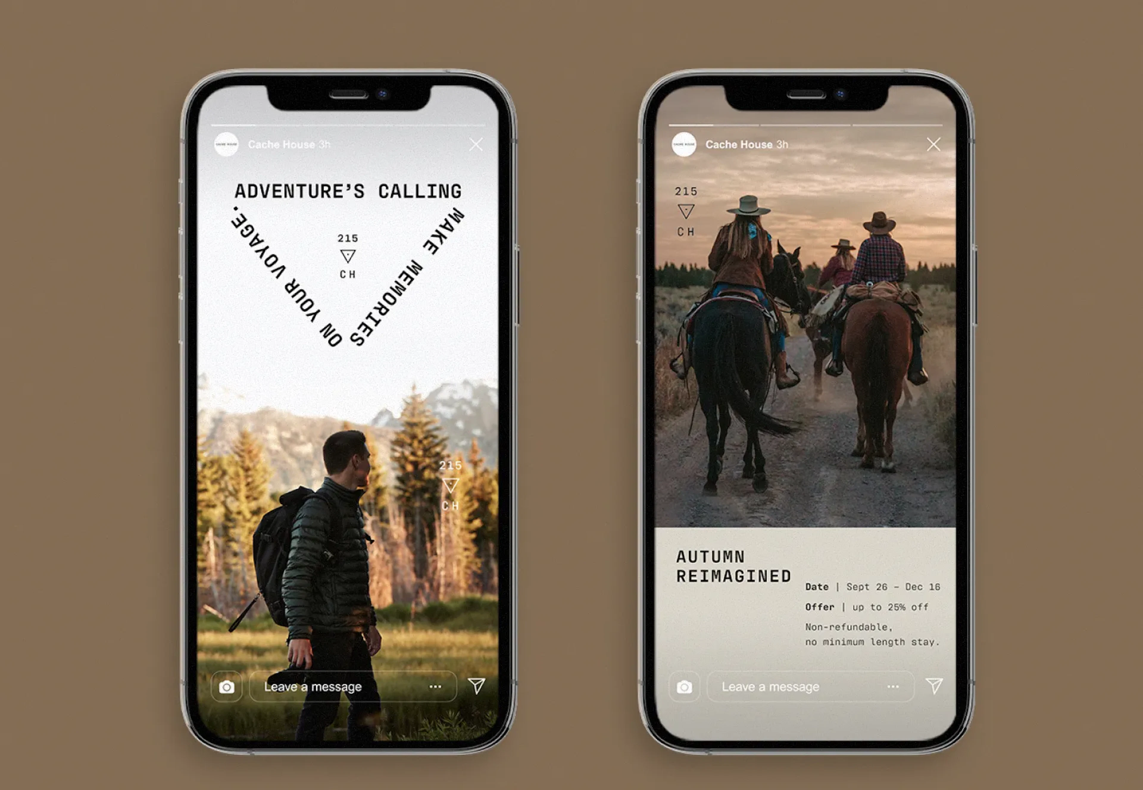 Two phone mockups, hiker in a field and horseback riders at sunset