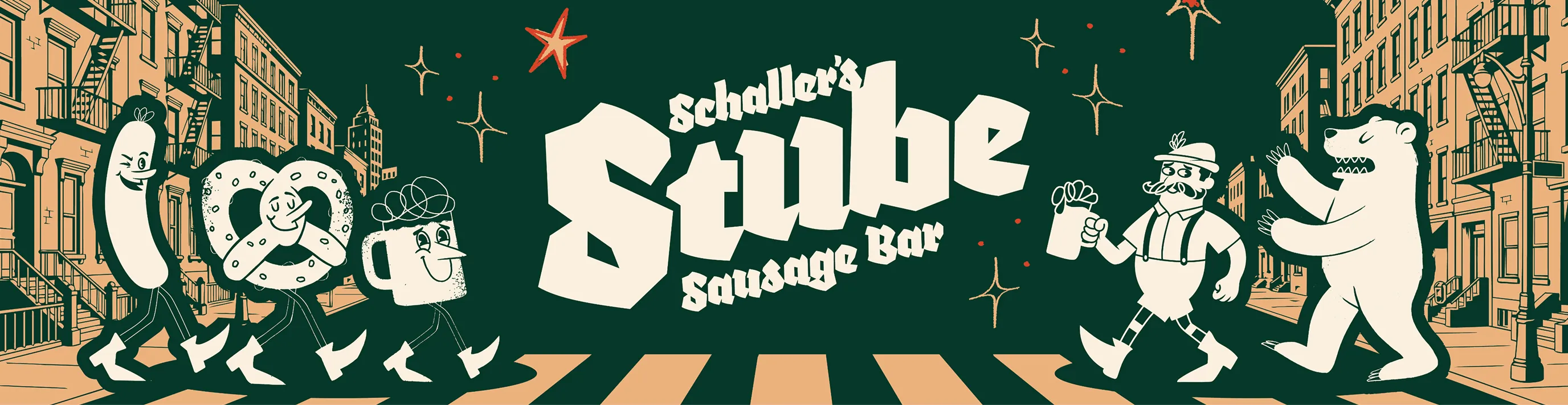 Illustrated banner of Schaller's Stube characters parading through a cityscape