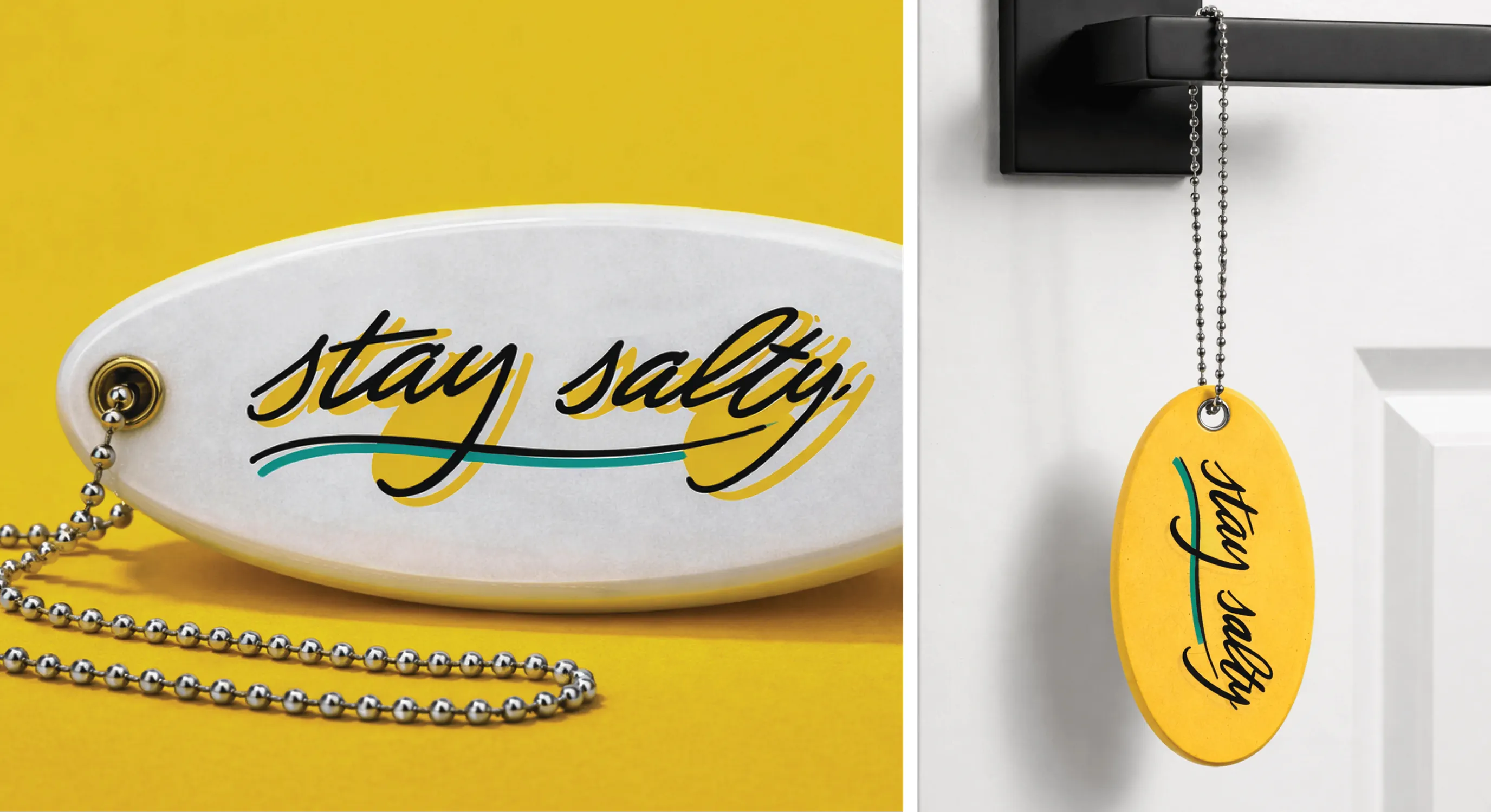 Split image of a surfboard-shaped 'stay salty' keychain on yellow, and the keychain hanging on a door handle