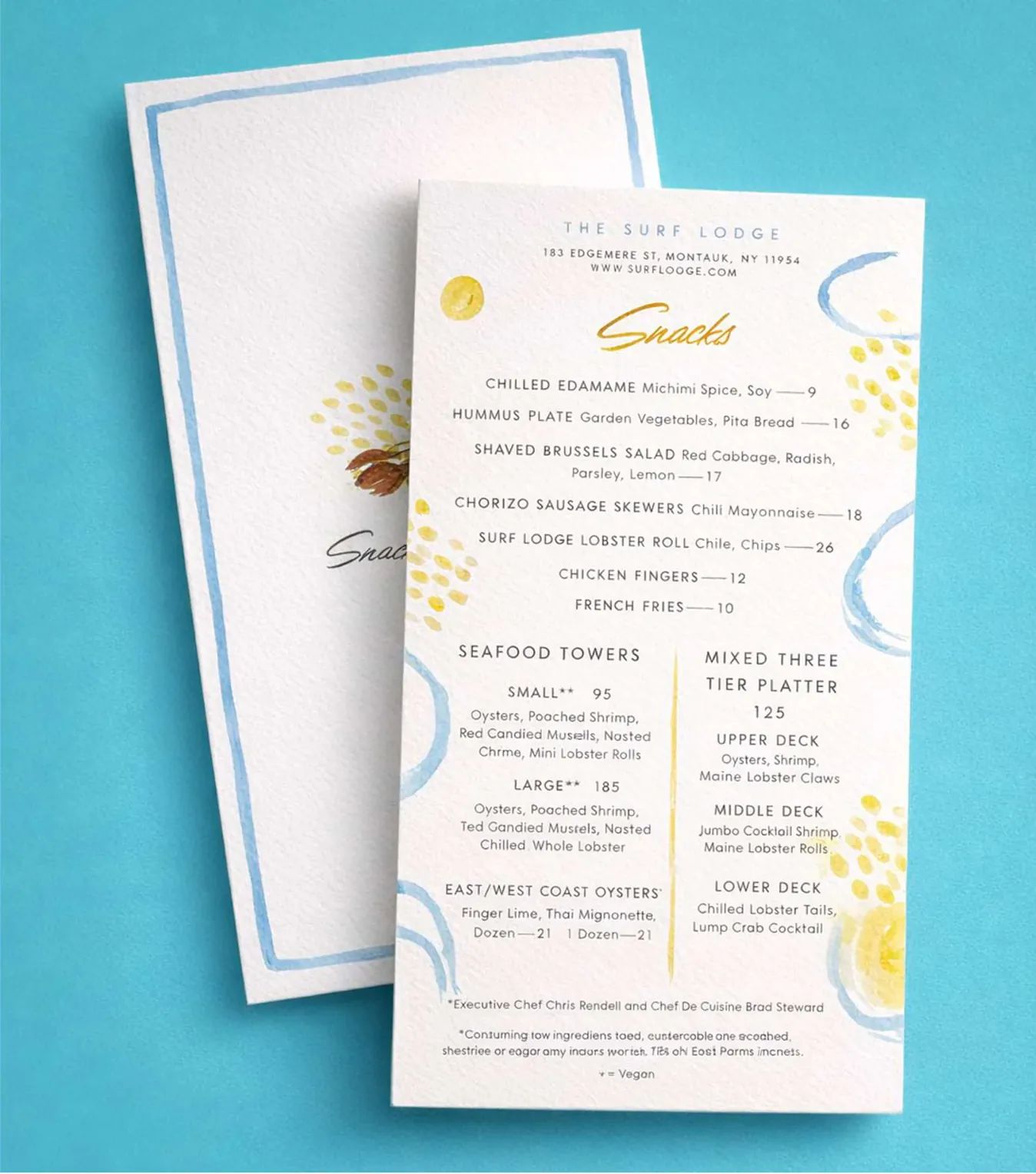 The Surf Lodge snacks menu on a blue background