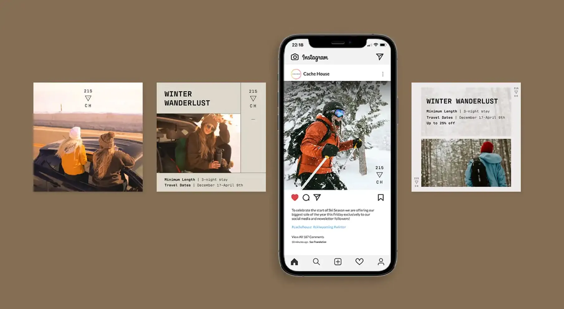 Cache House Instagram posts with phone mockup on tan background