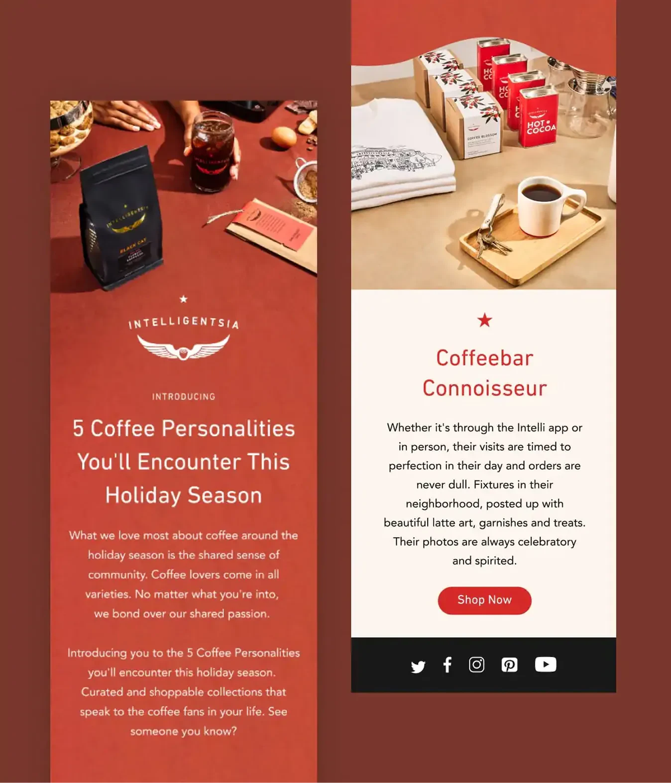 Two Intelligentsia email mockups on a red background