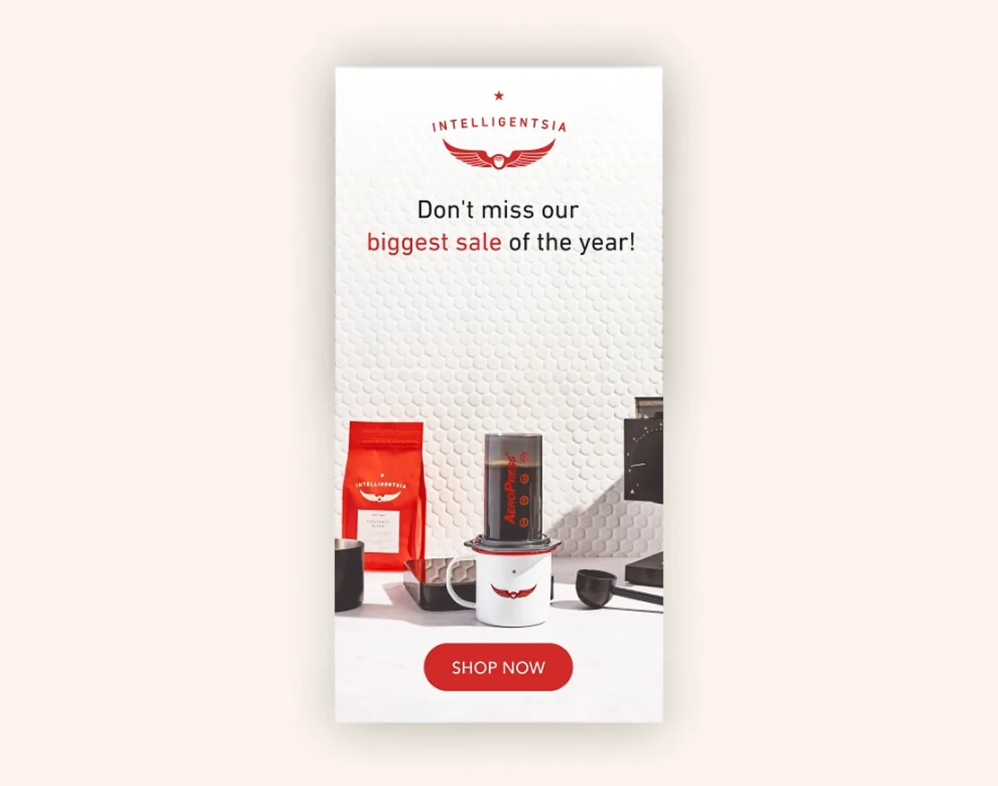 Intelligentsia email mockup with coffee bag, AeroPress, and mug on a countertop
