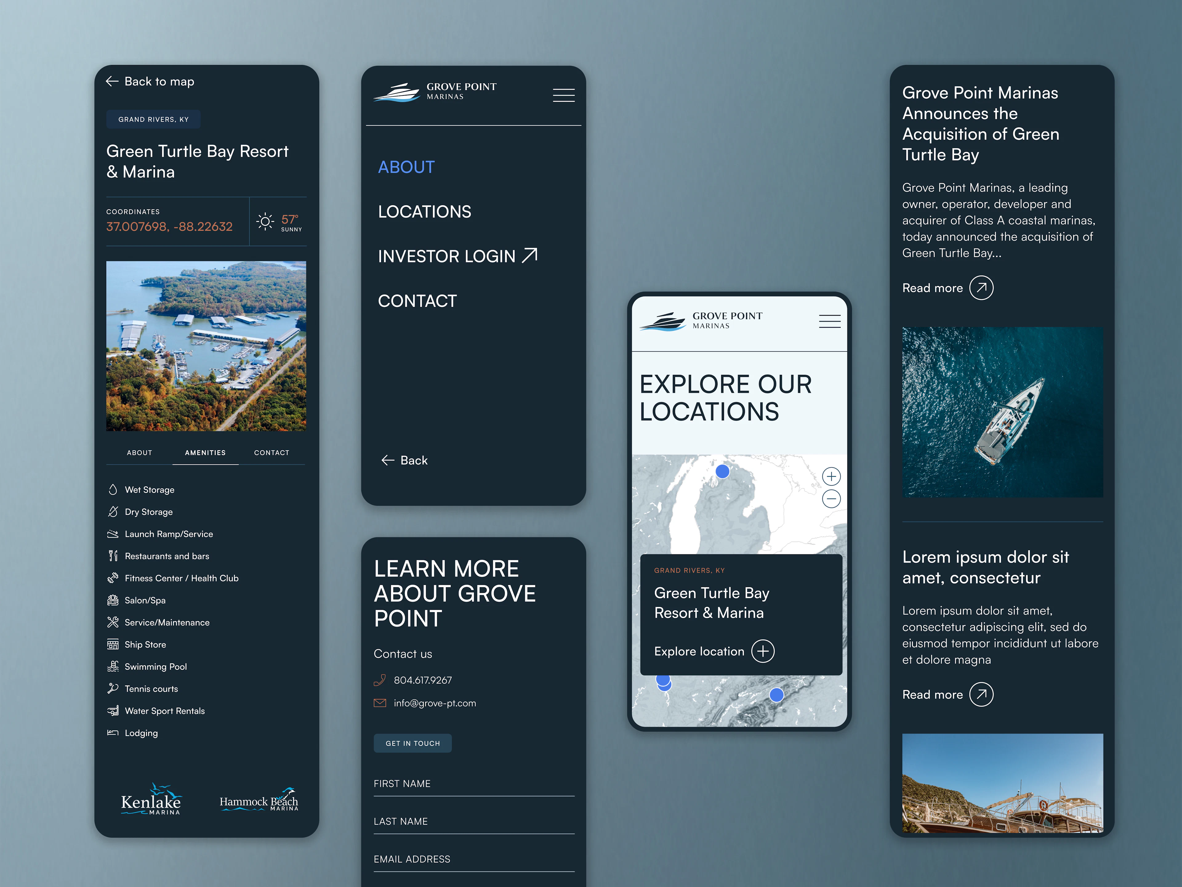 Three Grove Point Marinas website mockups on mobile