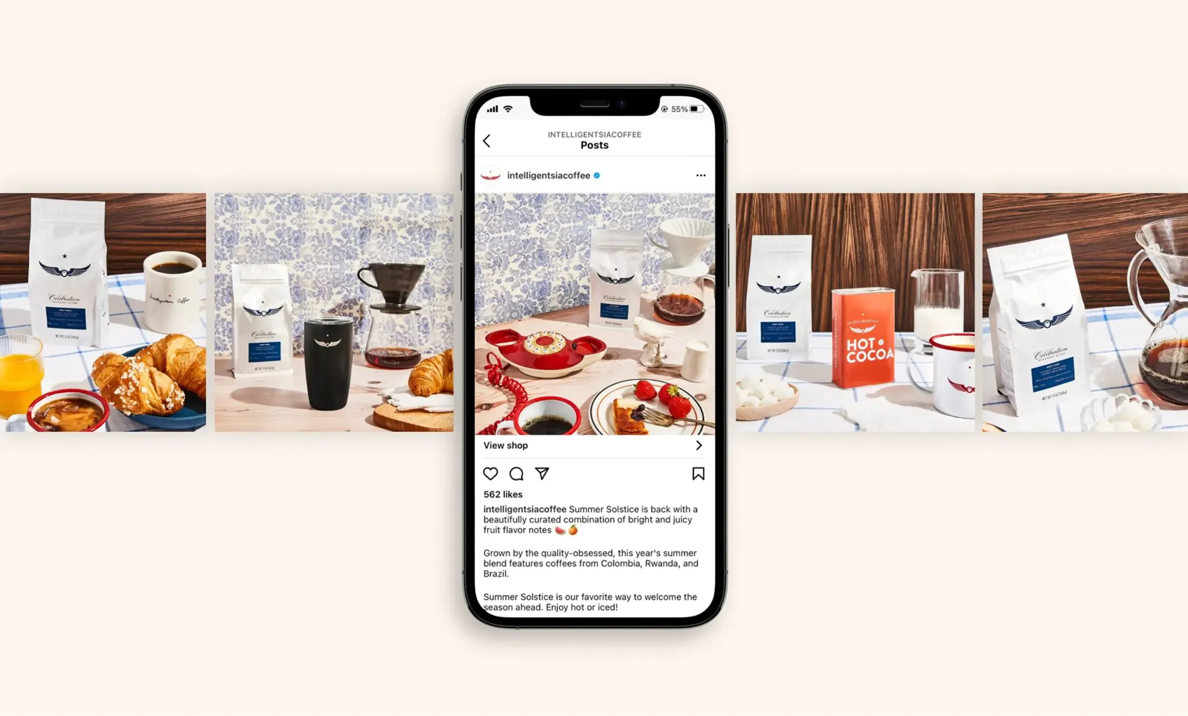 Instagram post mockup on a phone screen surrounded by coffee product photos