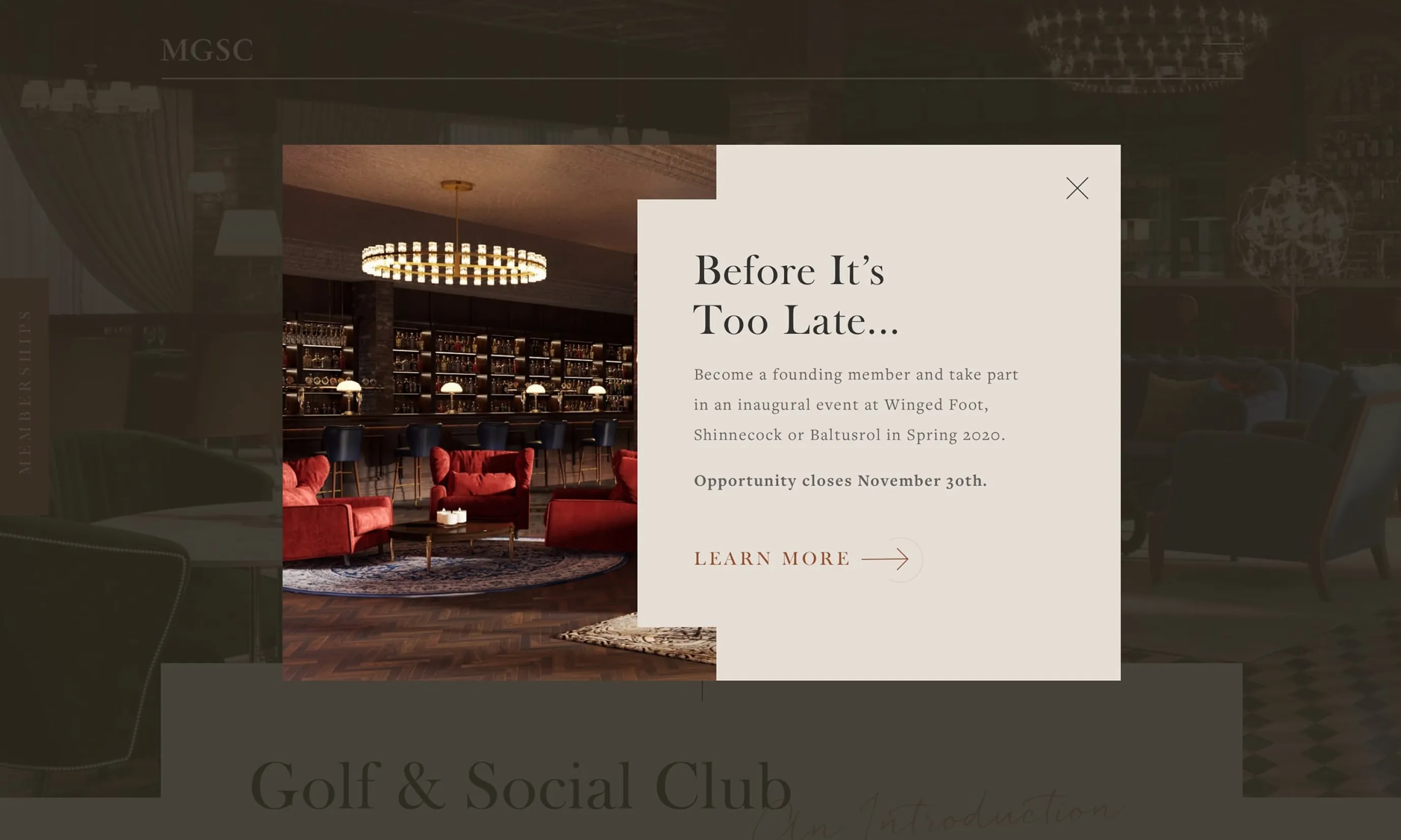 Website popup mockup for a founding member offer over a lounge interior